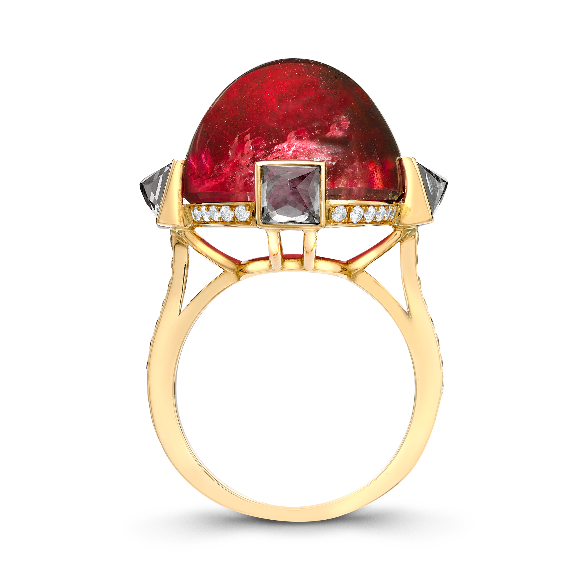 Cabochon Pink Tourmaline Ring Cluster Ring with Square Cut Spinels_3