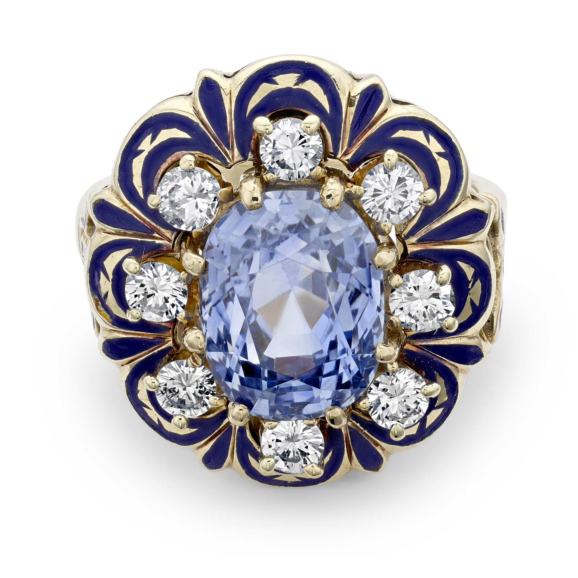 Retro American Victorian Revival Sapphire, Diamonds & Enamel Ring Oval Brilliant cut, round brilliant cut, Claw set_2