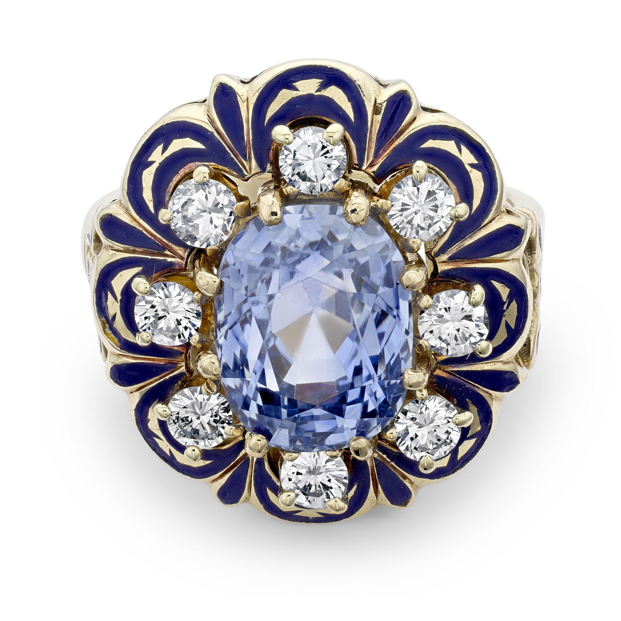 Retro American Victorian Revival Sapphire, Diamonds & Enamel Ring Oval Brilliant cut, round brilliant cut, Claw set_2