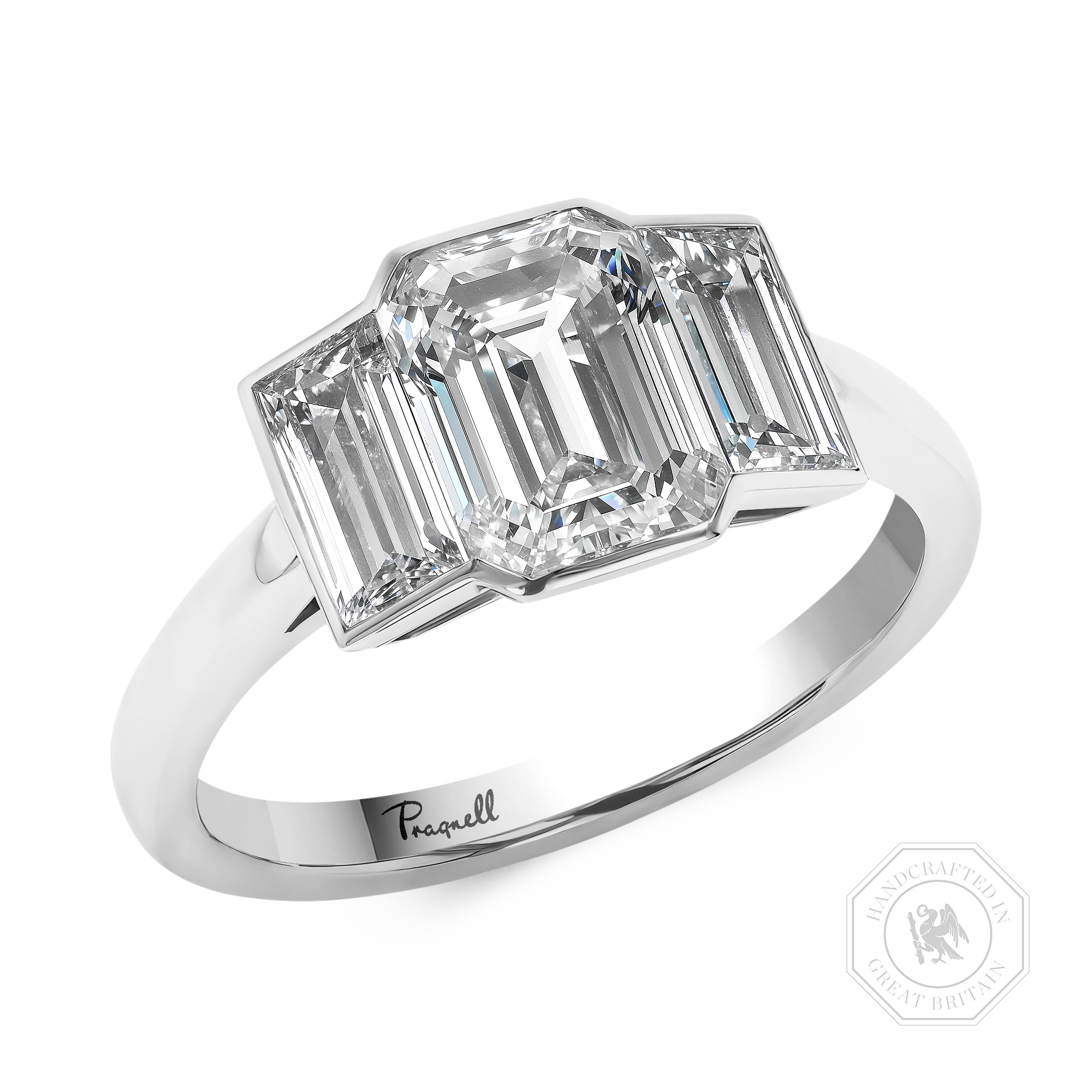 Kingdom 2.71ct Diamond Three Stone Ring Emerald Cut, Rubover Set_1