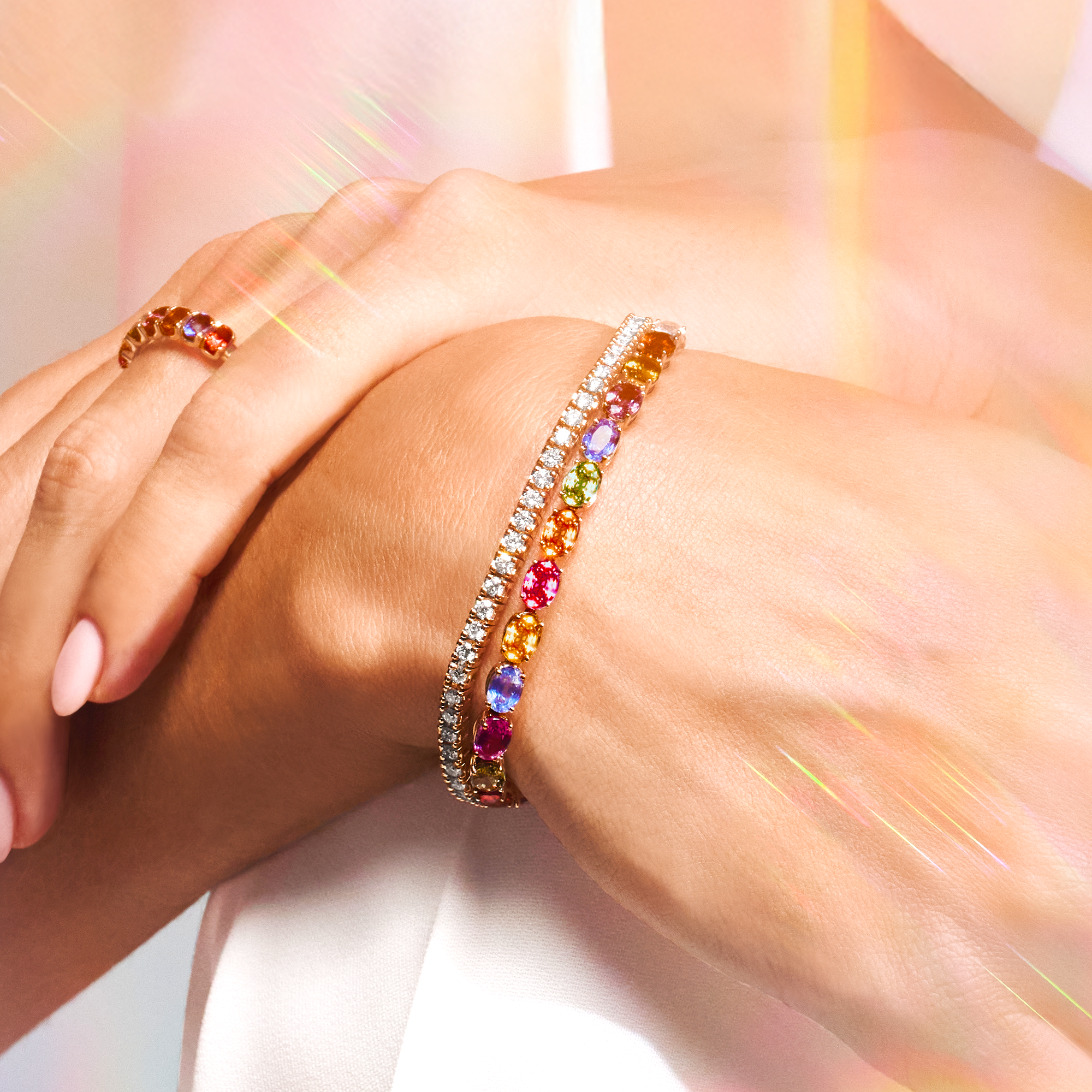 Rainbow Fancy Sapphire and Diamond Two Row Bracelet Oval Cut, Claw Set_10