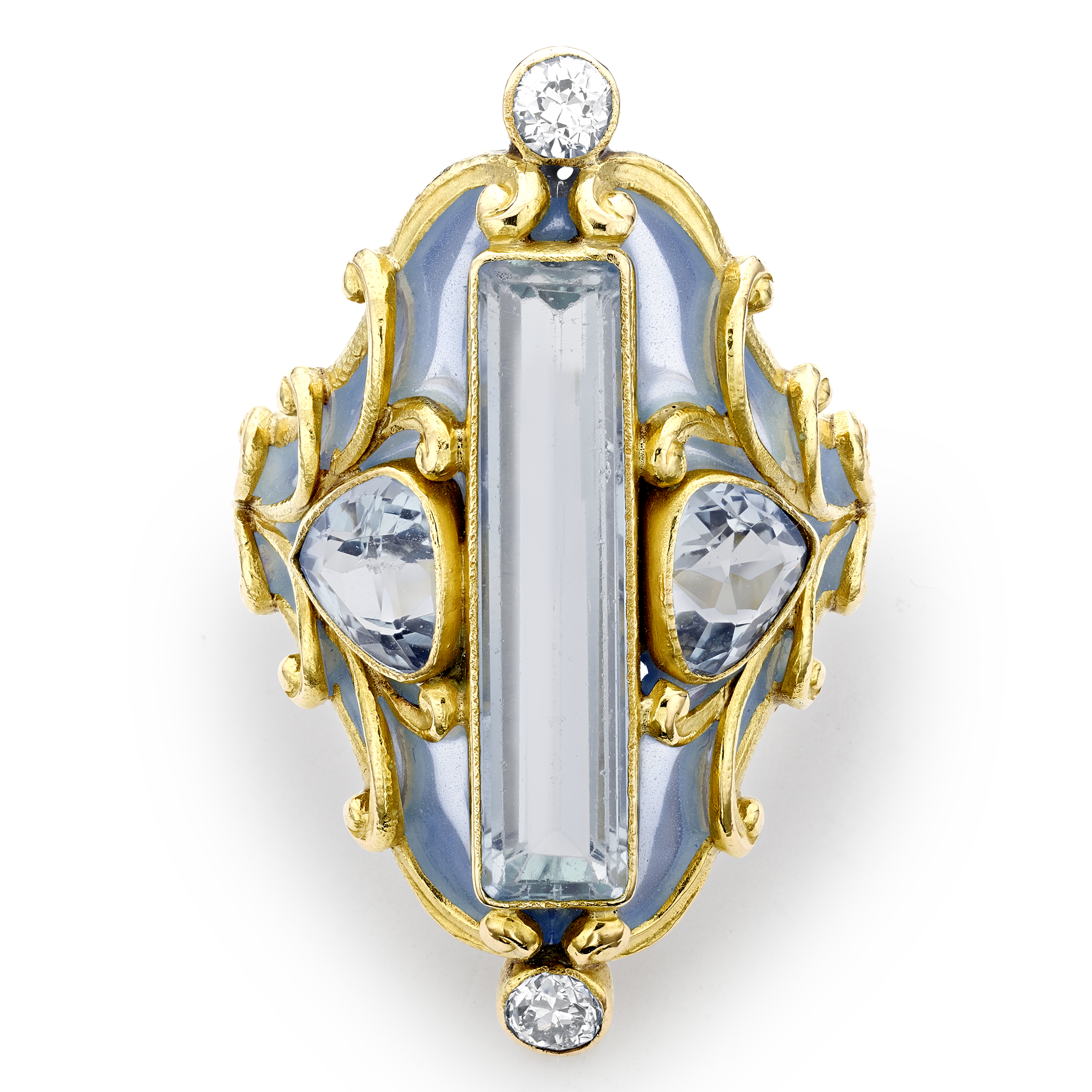 Art Nouveau Marcus & Co Aquamarine, Diamond & Enamel Ring Baguette Cut, Rubover Set_2