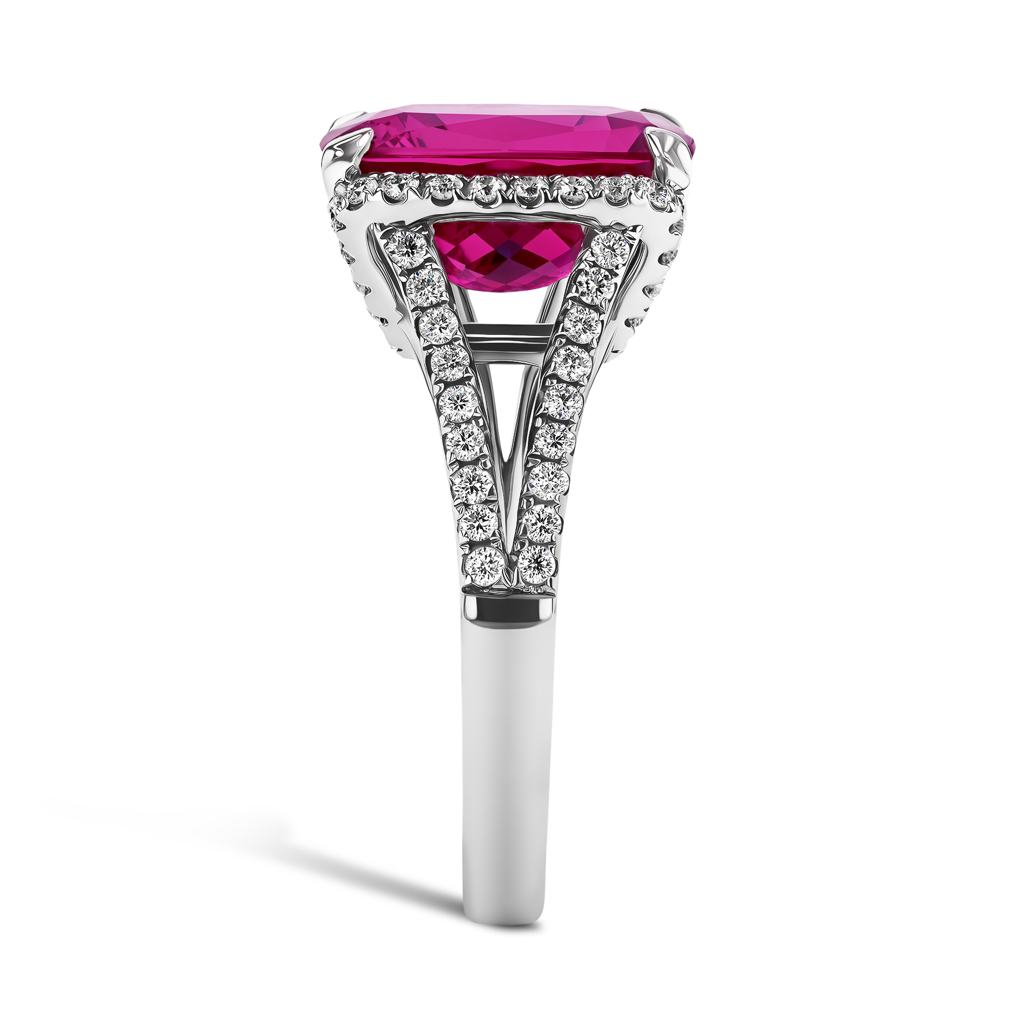 Pink Tourmaline and Diamond Ring with Diamond Set Shoulders Cushion Modern, Claw Set_4