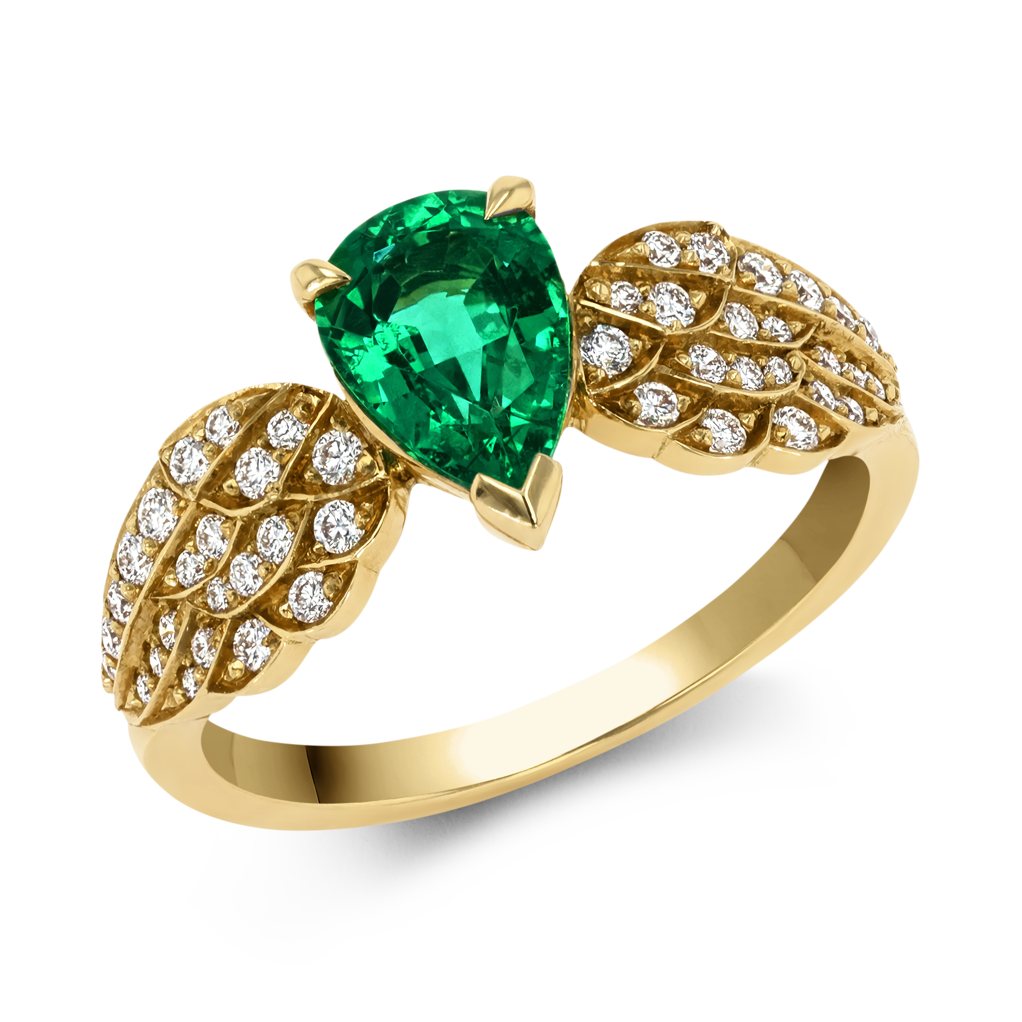 Tiara Pear Cut Emerald and Brilliant Diamond Ring Pear and Brilliant Cut, Claw and Grain Set_1