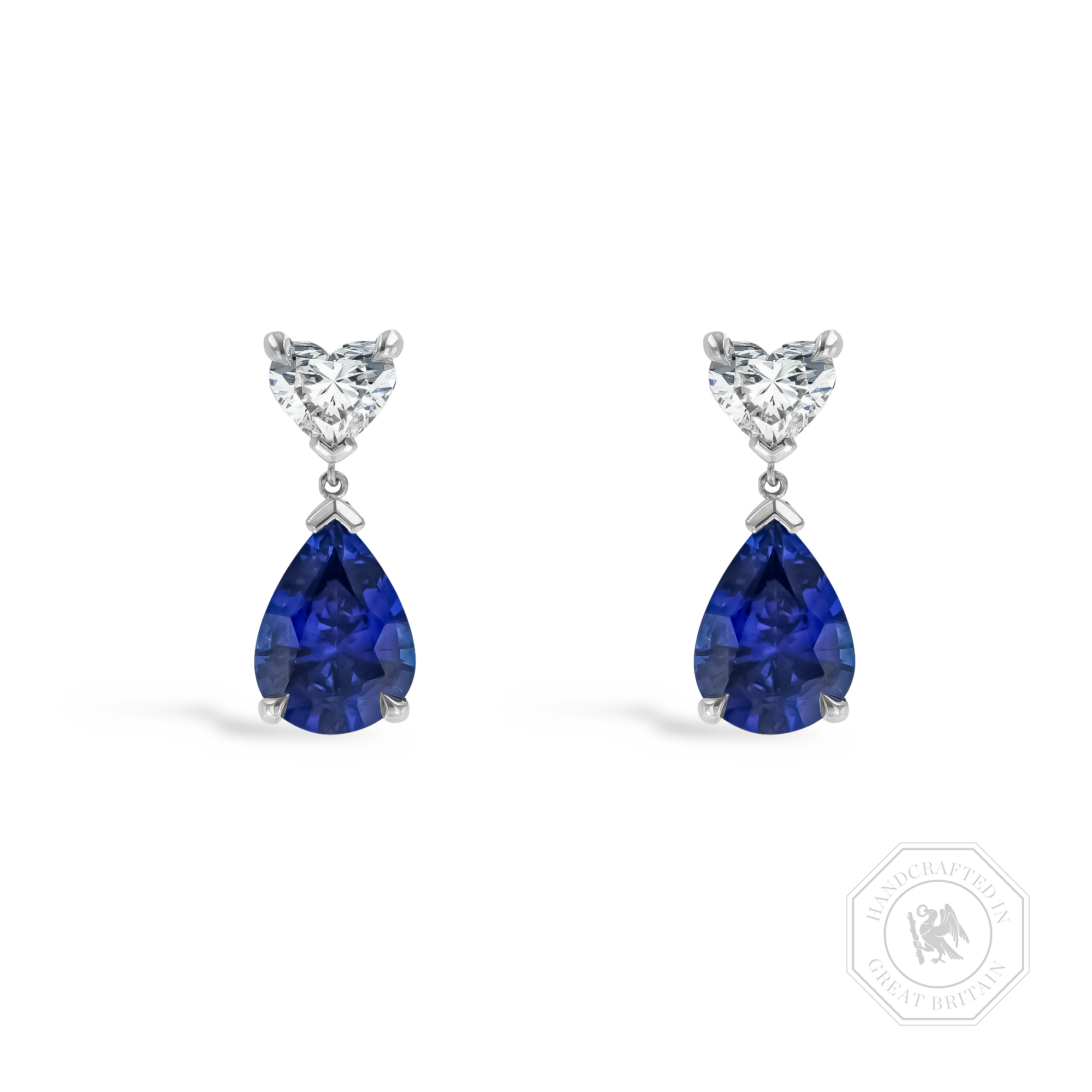 Pearshape 2.37ct Sapphire and Heart Diamond Drop Earrings Pear & Heart Cut, Claw Set_1
