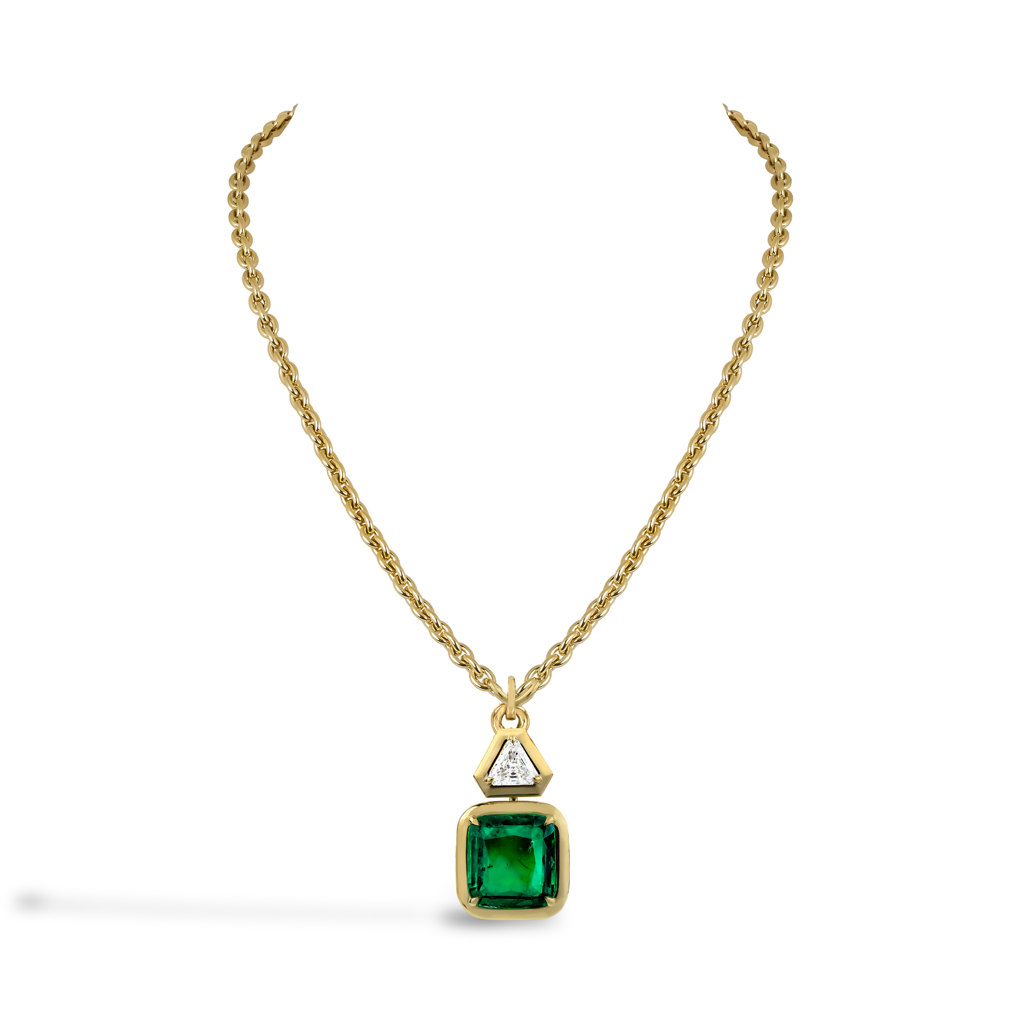 Masterpiece Skimming Stone 5.58ct Muzo Emerald and Diamond Pendant Antique Cushion & Triangle Cut, Claw Set_2