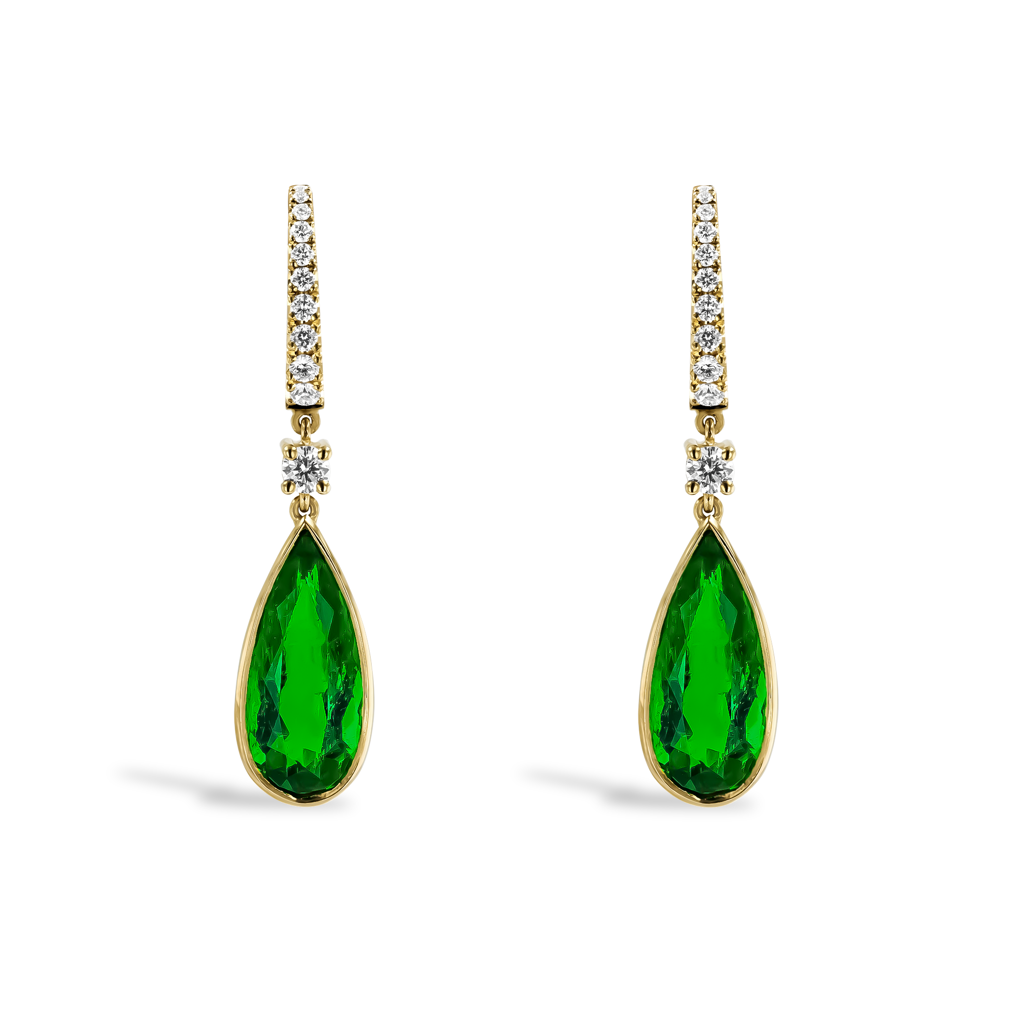 Colombian Emerald Half Hoop Drop Earrings Pear & Brilliant Cut, Claw & Rubover Set_1