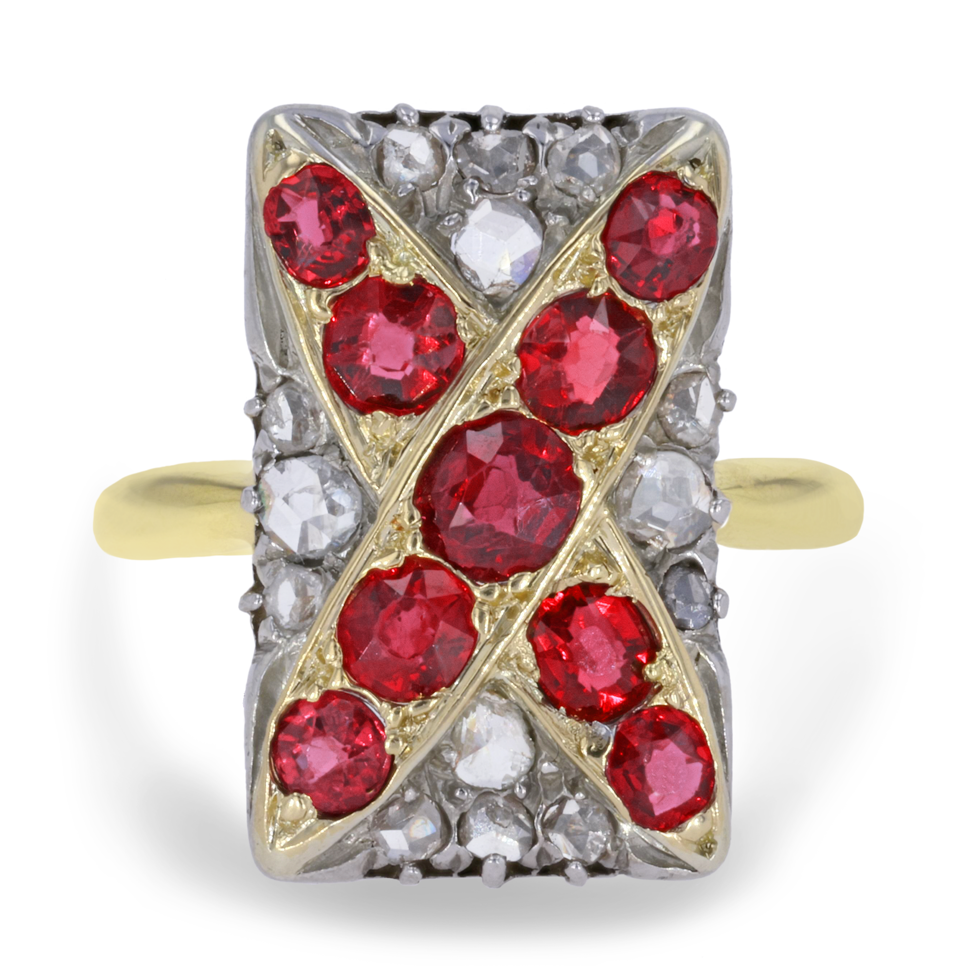 Belle Epoque Ruby & Diamond Cross Design Plaque Ring Cushion & Old Cut, Claw Set_2