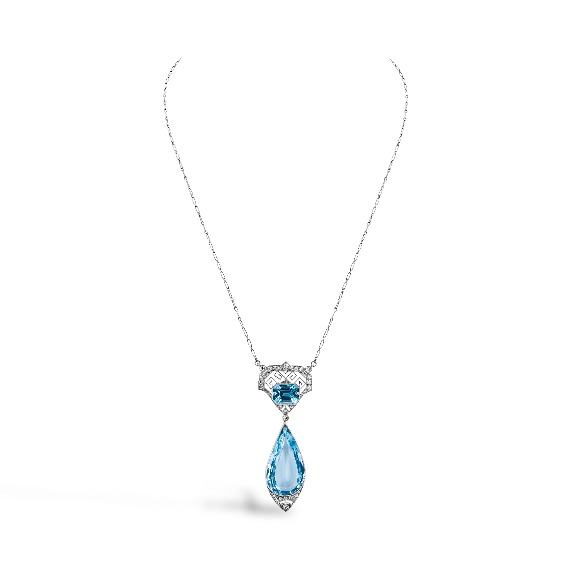 Edwardian Aquamarine and Diamond Pendant Pearshape, Millegrain Set_2
