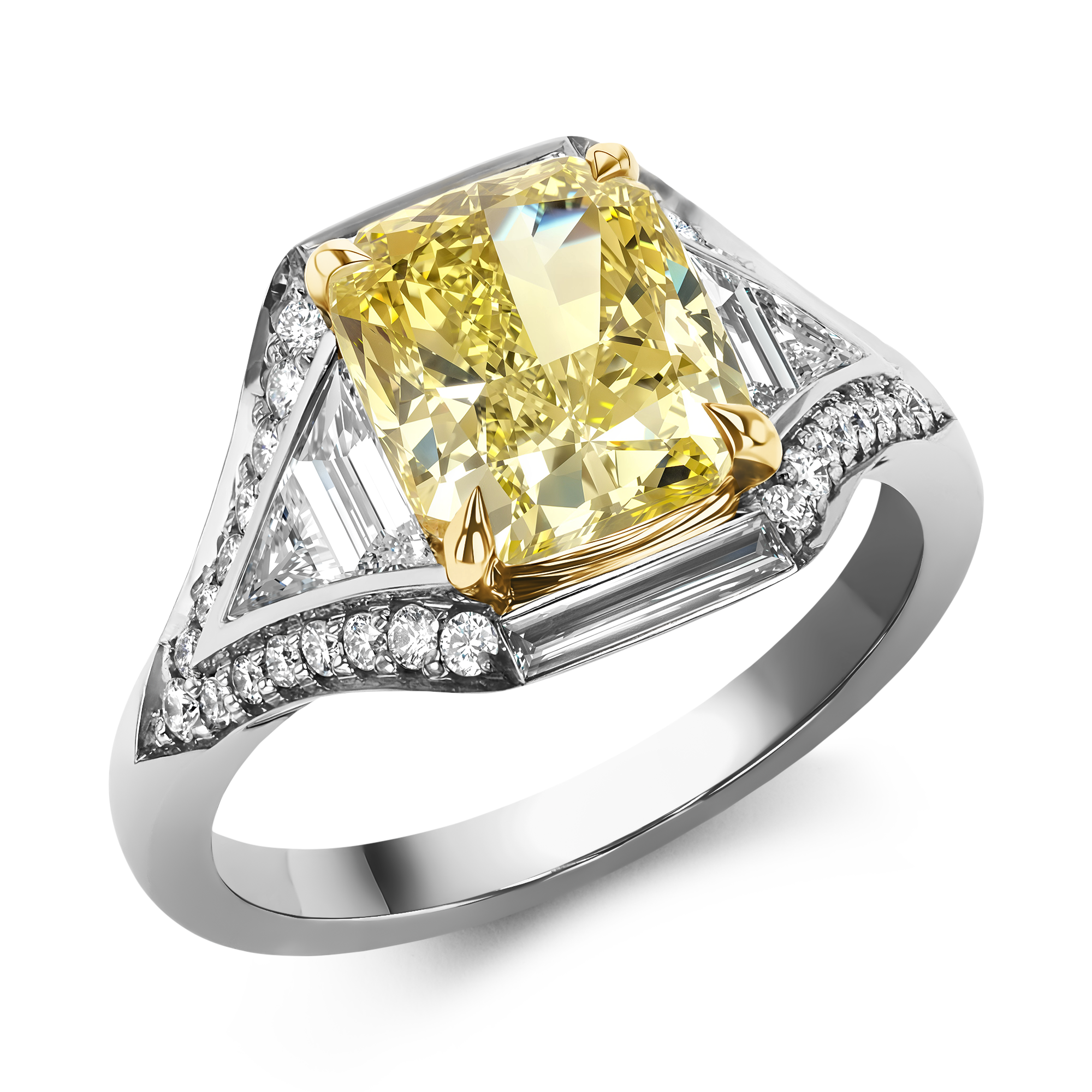 Masterpiece Astoria Fancy Vivid Yellow Radiant Cut Diamond Ring Radiant, Tapered Baguette, Triangular Corner & Brilliant Cut, Claw Set_1