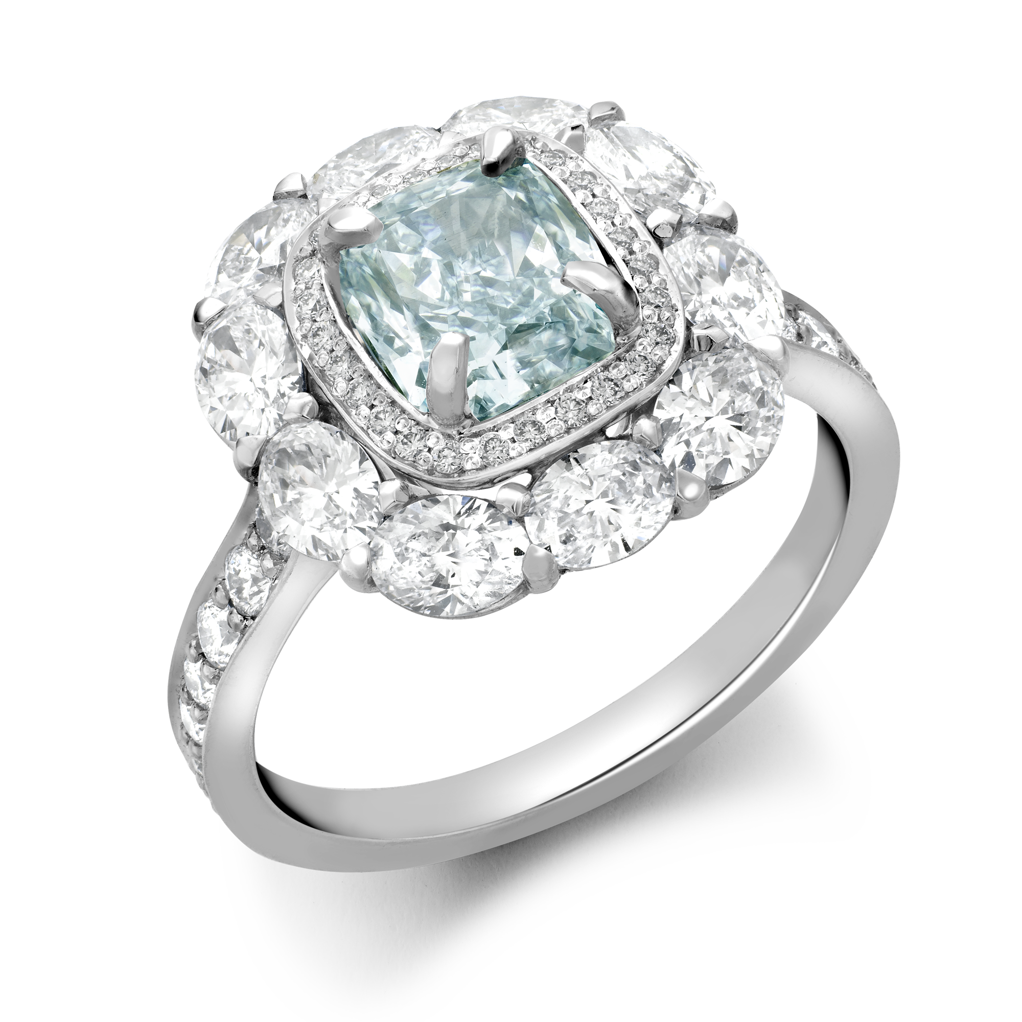 Masterpiece Fancy Intense Blue-Green Diamond Ring Cushion modern cut, Claw set_1