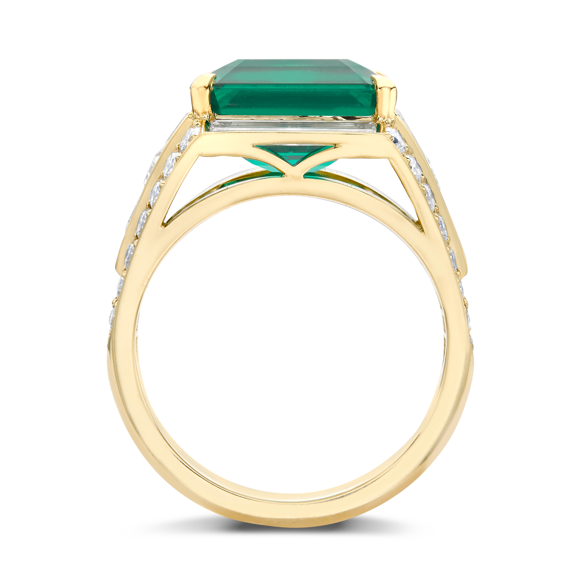Masterpiece Trap Cut No Oil Colombian Emerald Ring Baguette Cut Diamond Surround and Shoulders_3