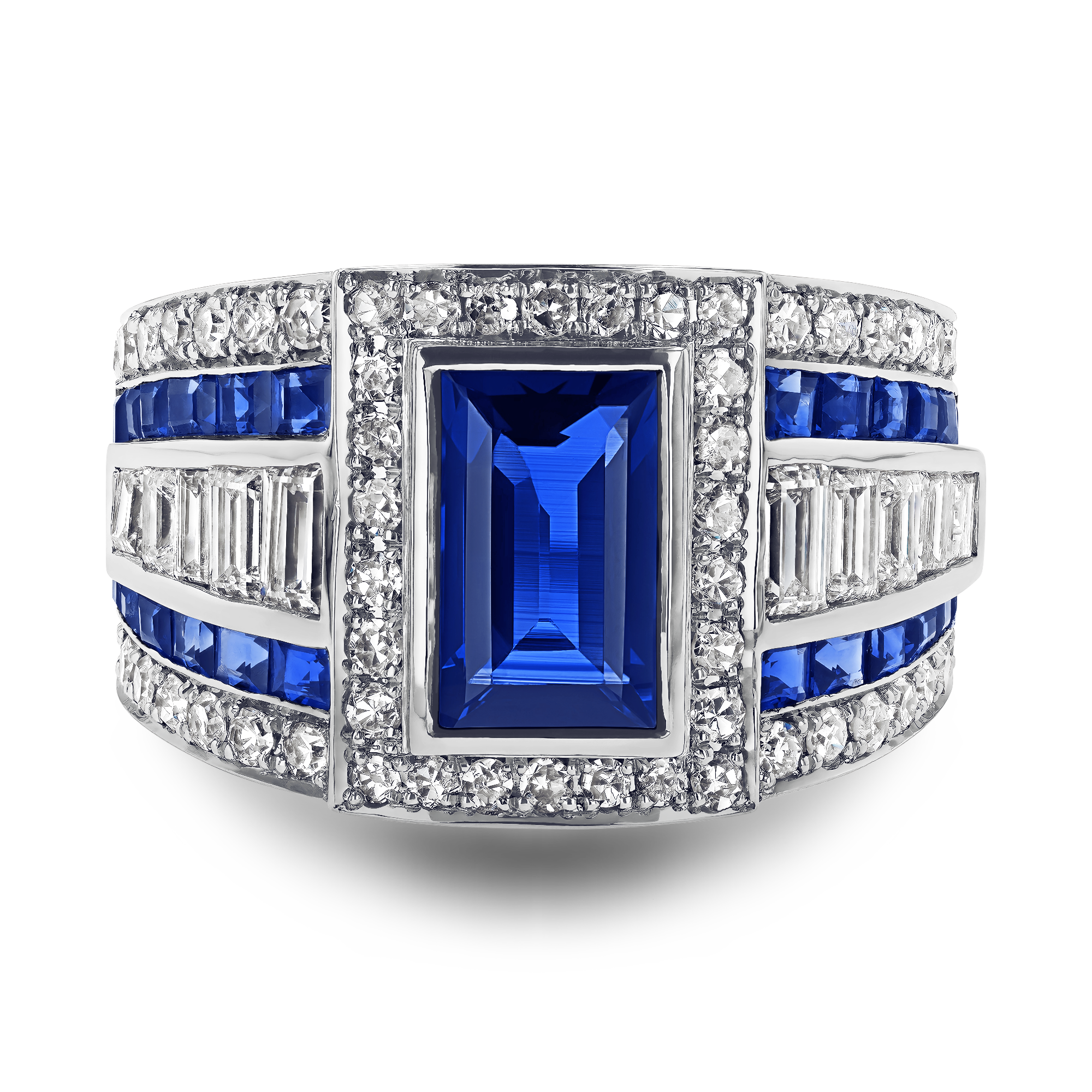 Art Deco Inspired Blue Sapphire Ring Emerald Cut, Rubover Set_2