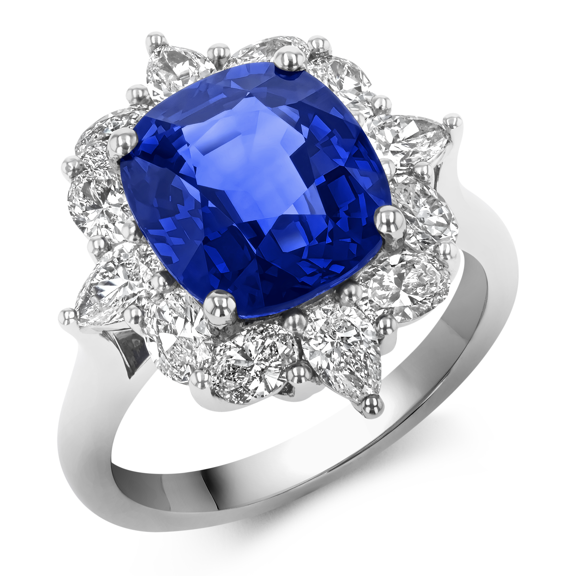 Sri Lankan Sapphire Cluster Ring with Pear and Oval Diamond Surround Cushion Modern Cut, Four Claw Set_1