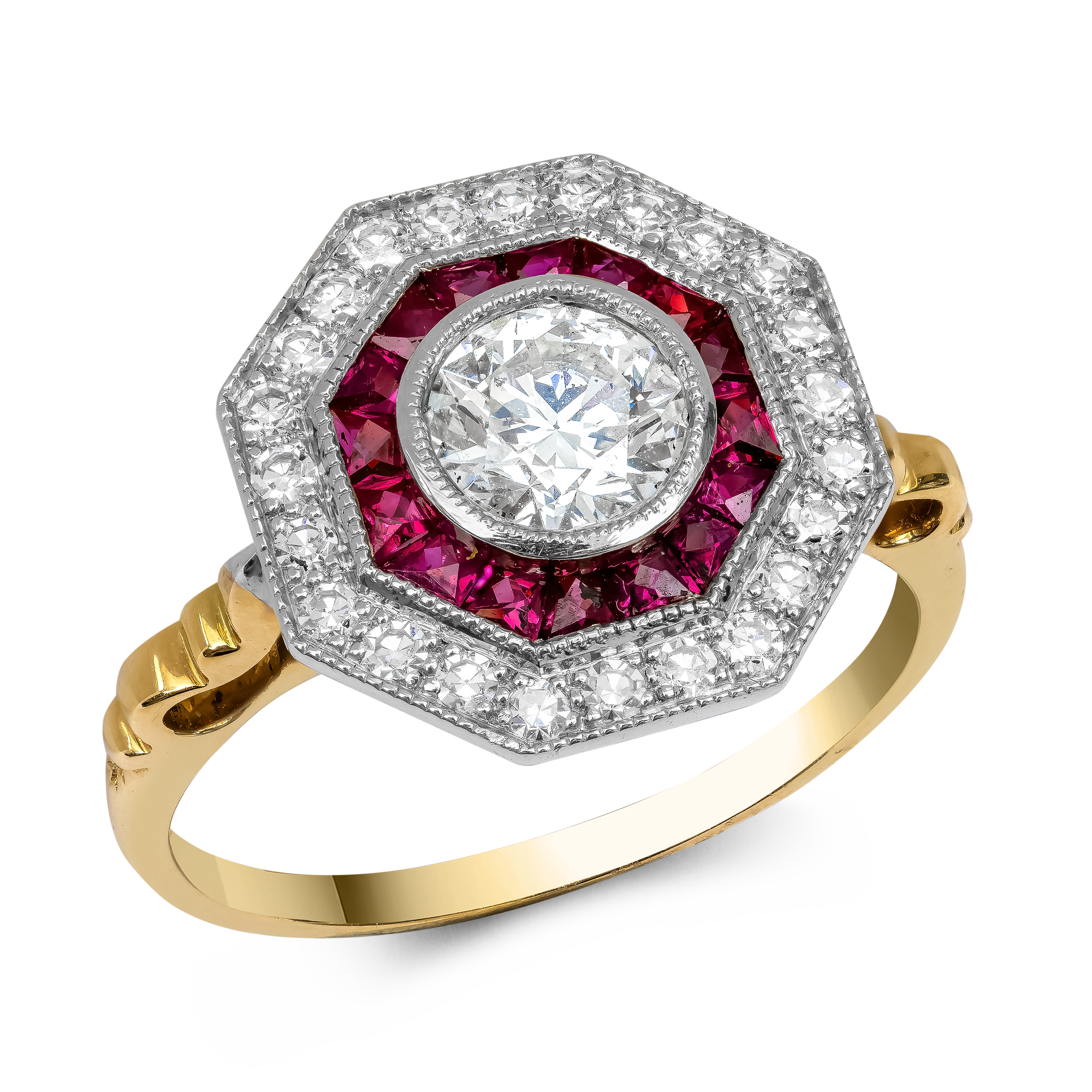 Brilliant Cut Diamond and Ruby Cluster Ring Brilliant Cut, Millegrain Set_1