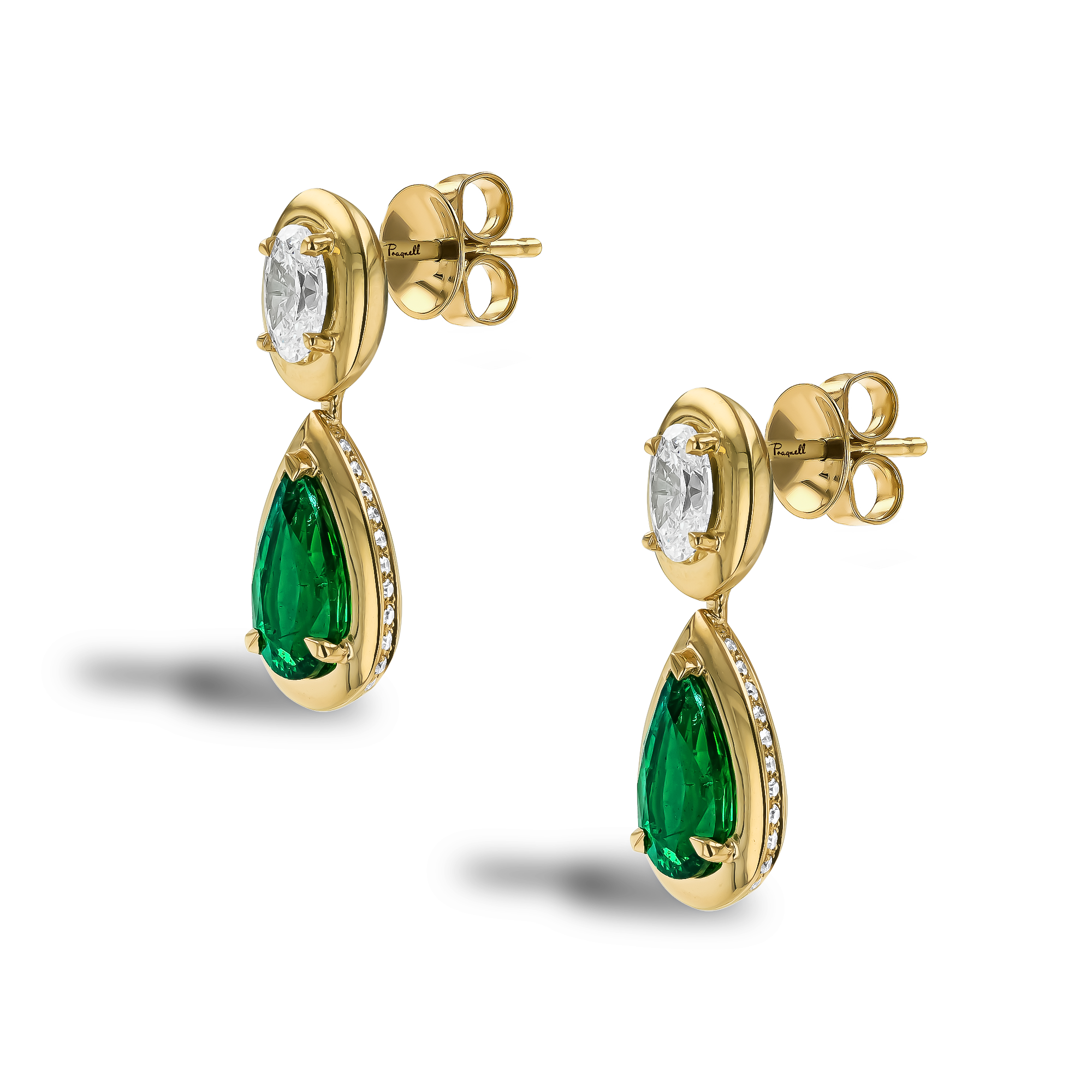 Skimming Stone Pear Shaped 2.62ct Emerald and Diamond Drop Earrings Pear Shape, Claw Set_2