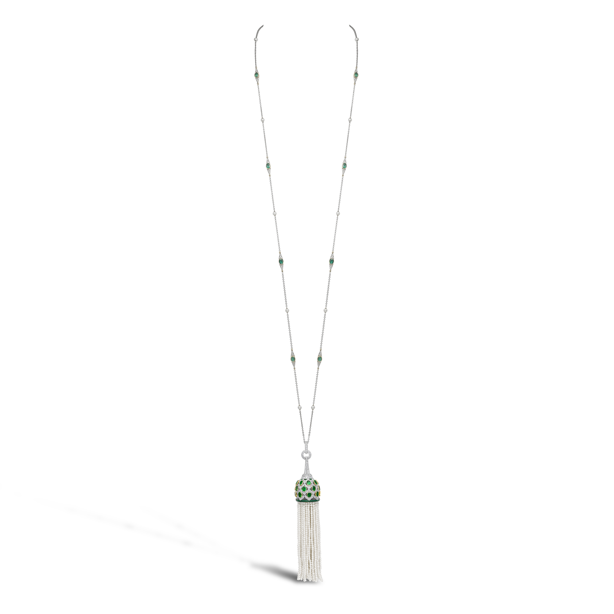 Pearl, Emerald & Diamond Sautoir Oval Cut, Millegrain Set_2