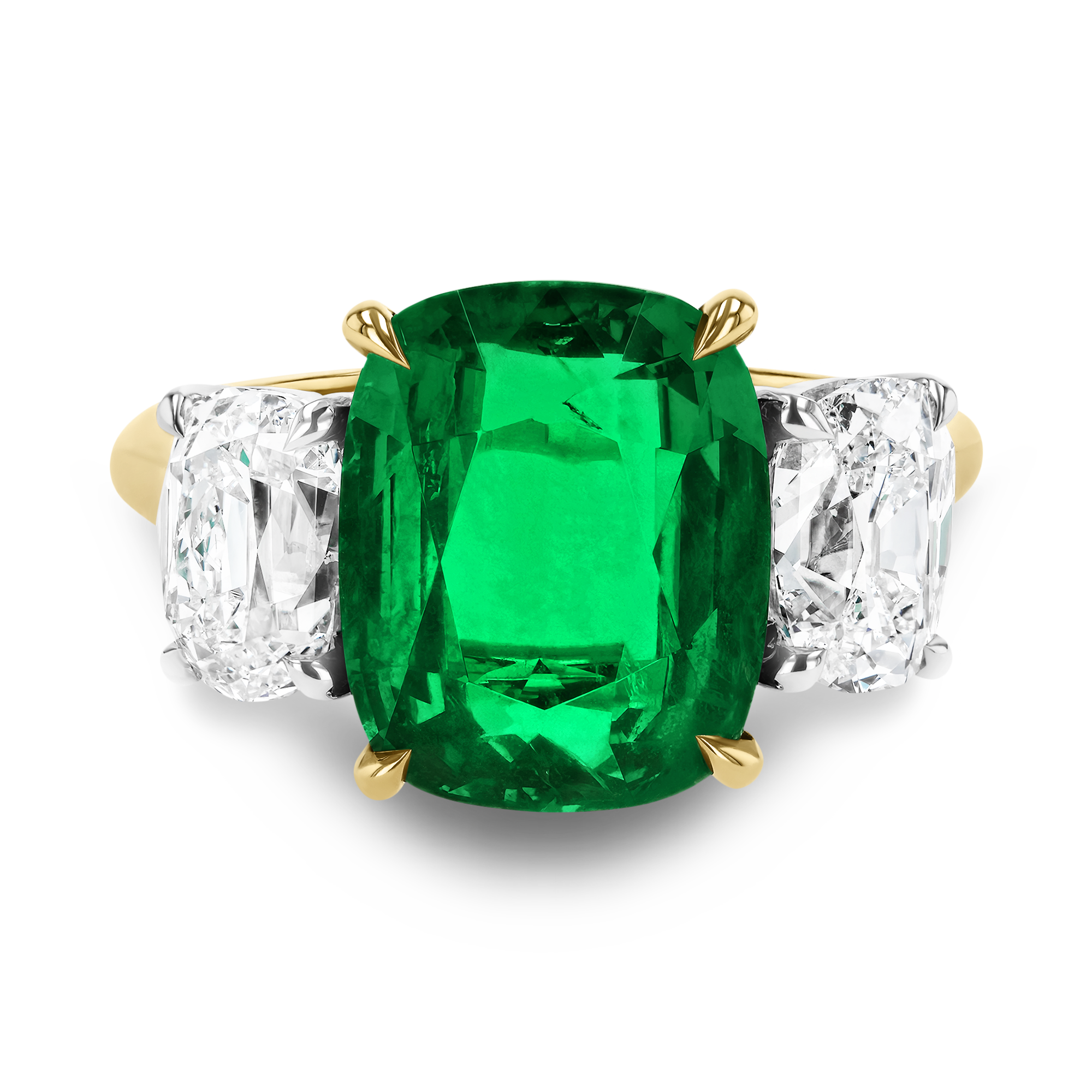 Zambian 4.54ct Emerald and Diamond Three Stone Ring Cushion modern cut, Claw set_2