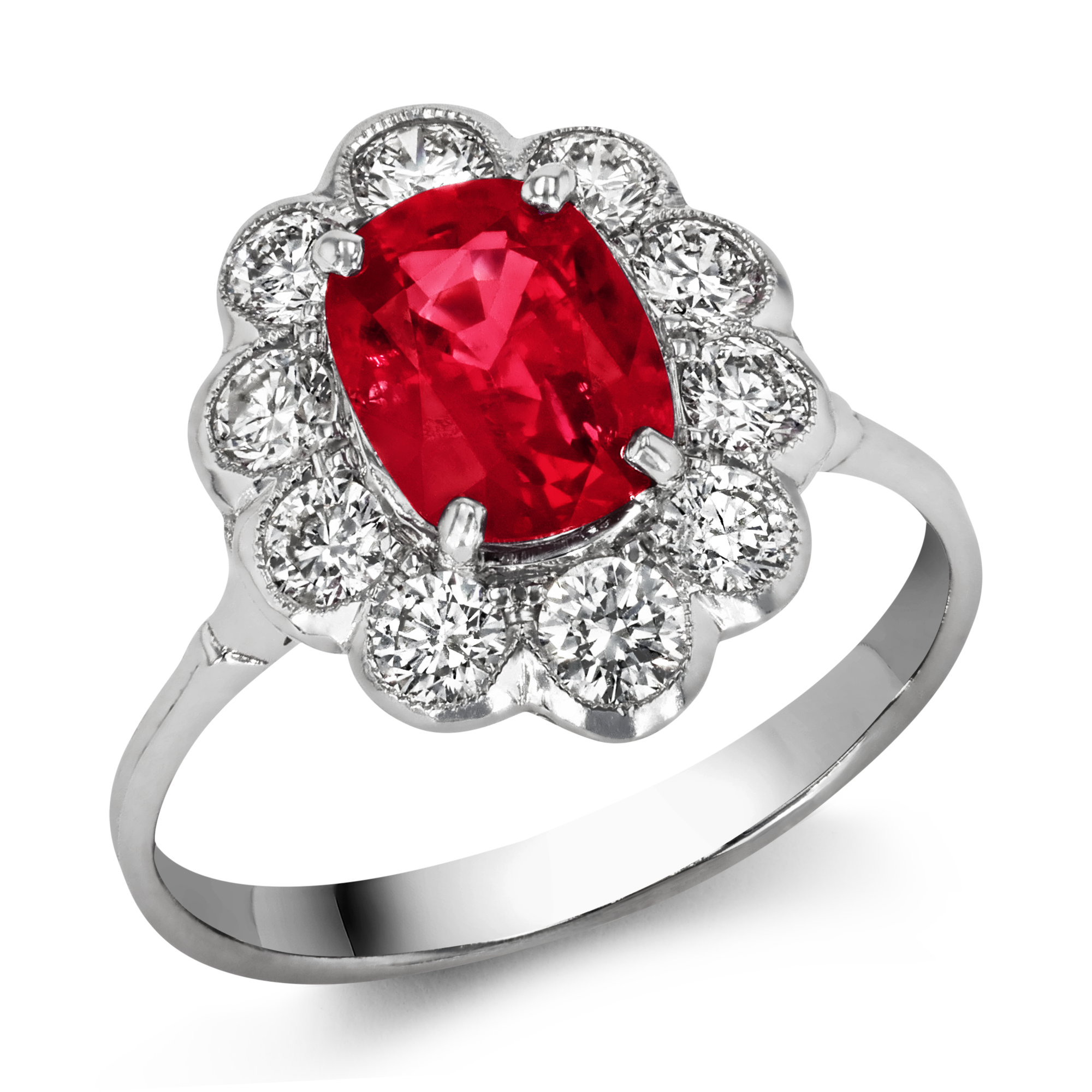 Antique Inspired Oval Cut Ruby & Diamond Floral Cluster Ring Oval & Brilliant Cut, Claw Set_1