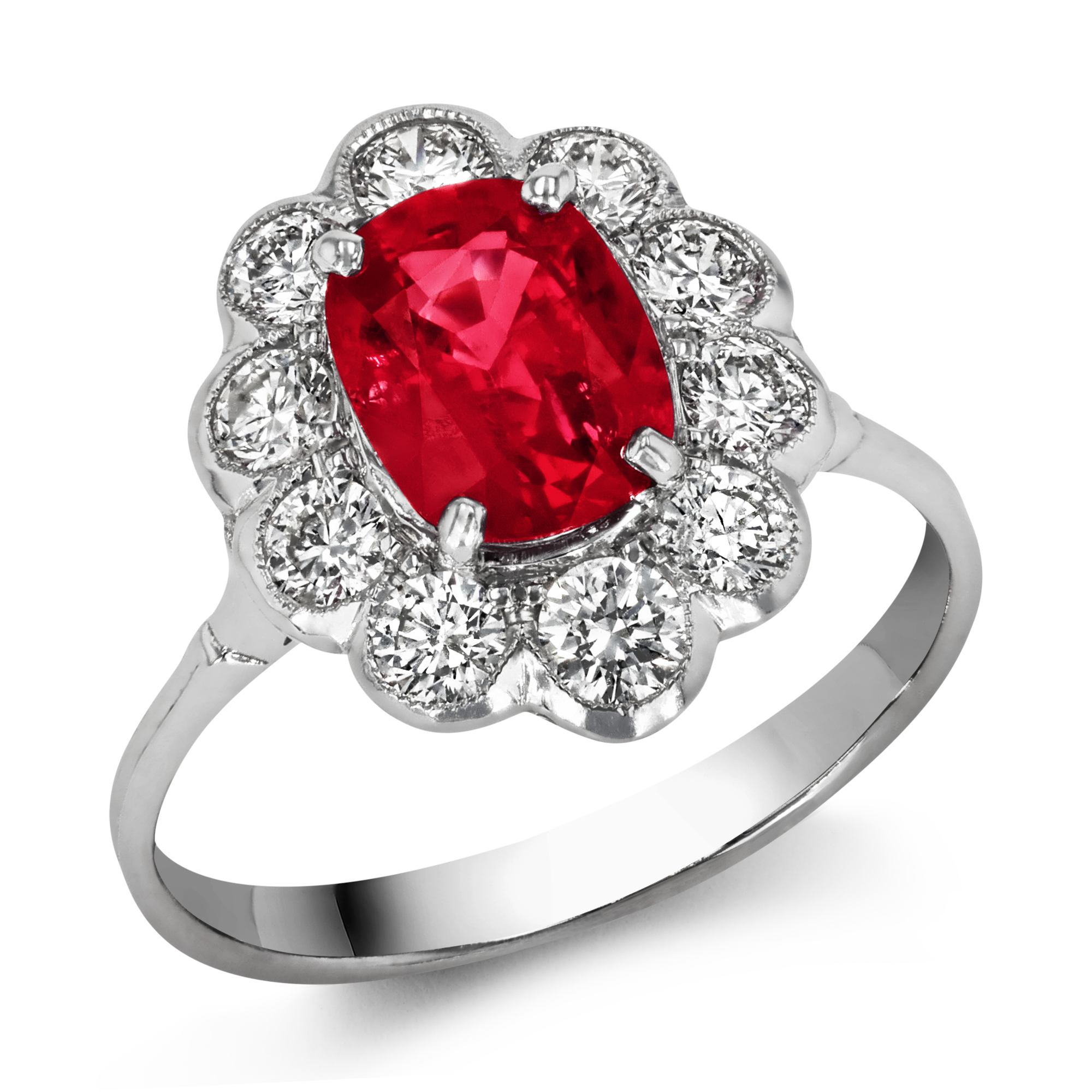 Antique Inspired Oval Cut Ruby & Diamond Floral Cluster Ring Oval & Brilliant Cut, Claw Set_1