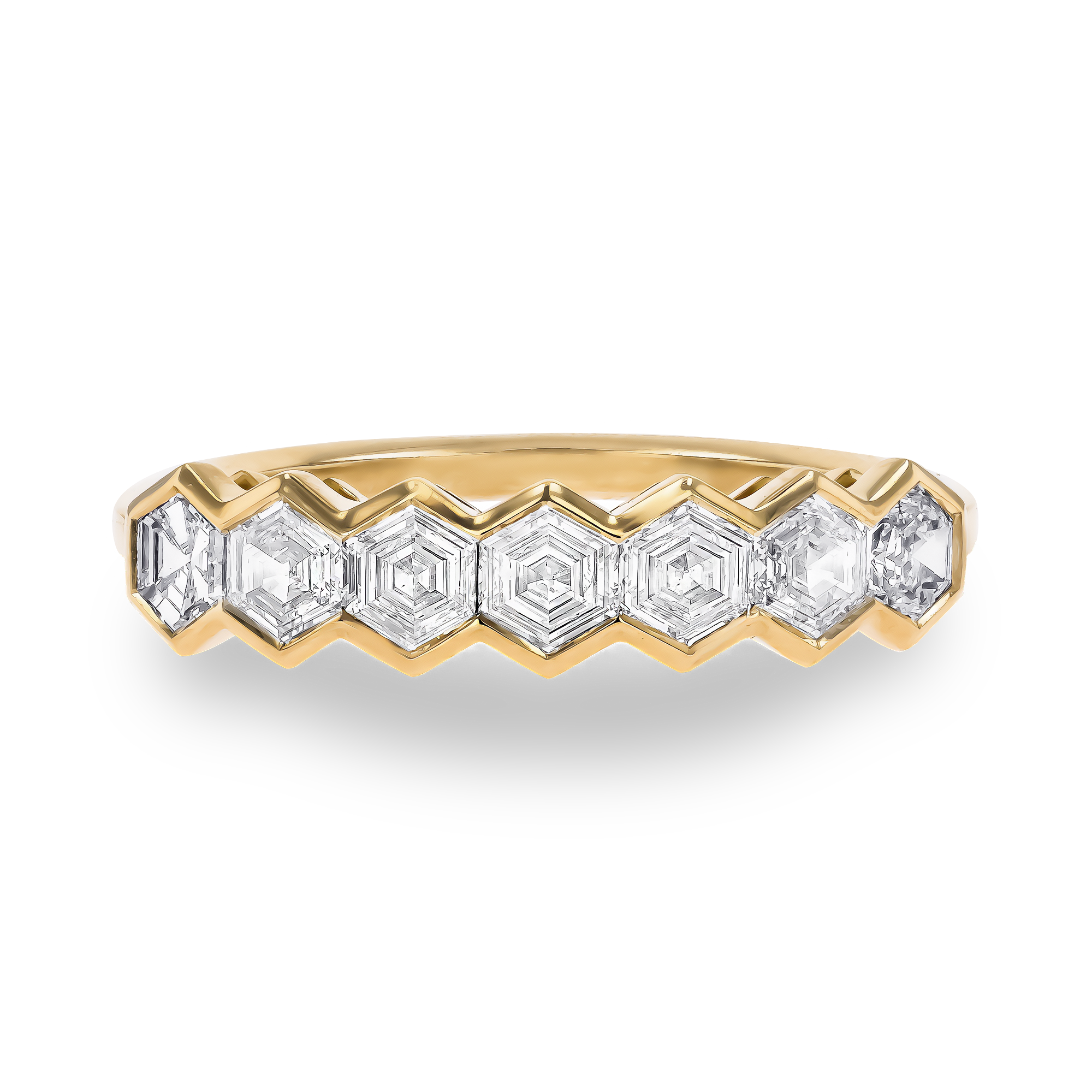 Honeycomb Seven Stone Diamond Ring Hexagonal Cut, Rubover Set_2
