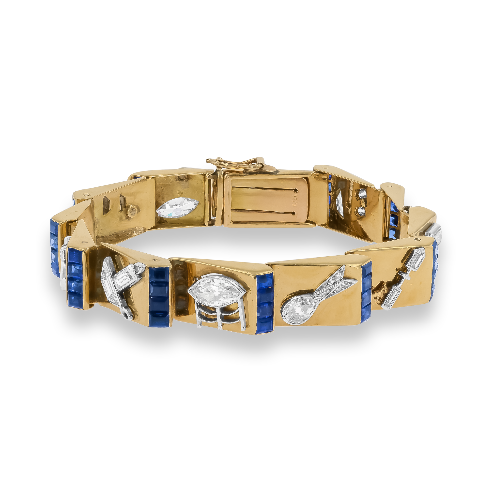 Art Deco Calibre Cut Sapphire and Diamond Charm Bracelet Calibre Cut, Channel Set_1