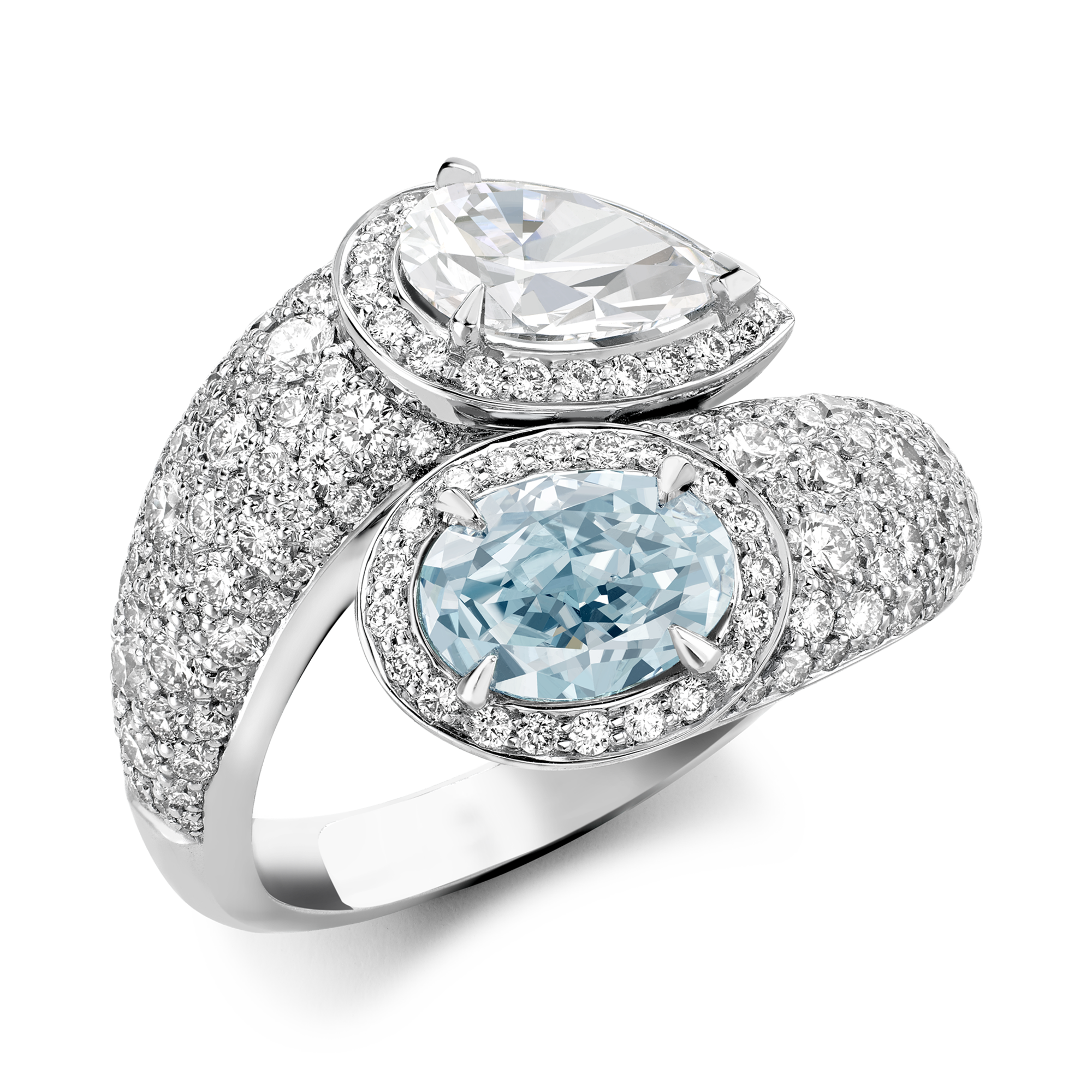 Masterpiece Two Stone Fancy Blue Diamond Bypass Ring Oval Cut, Four Claw Set_1