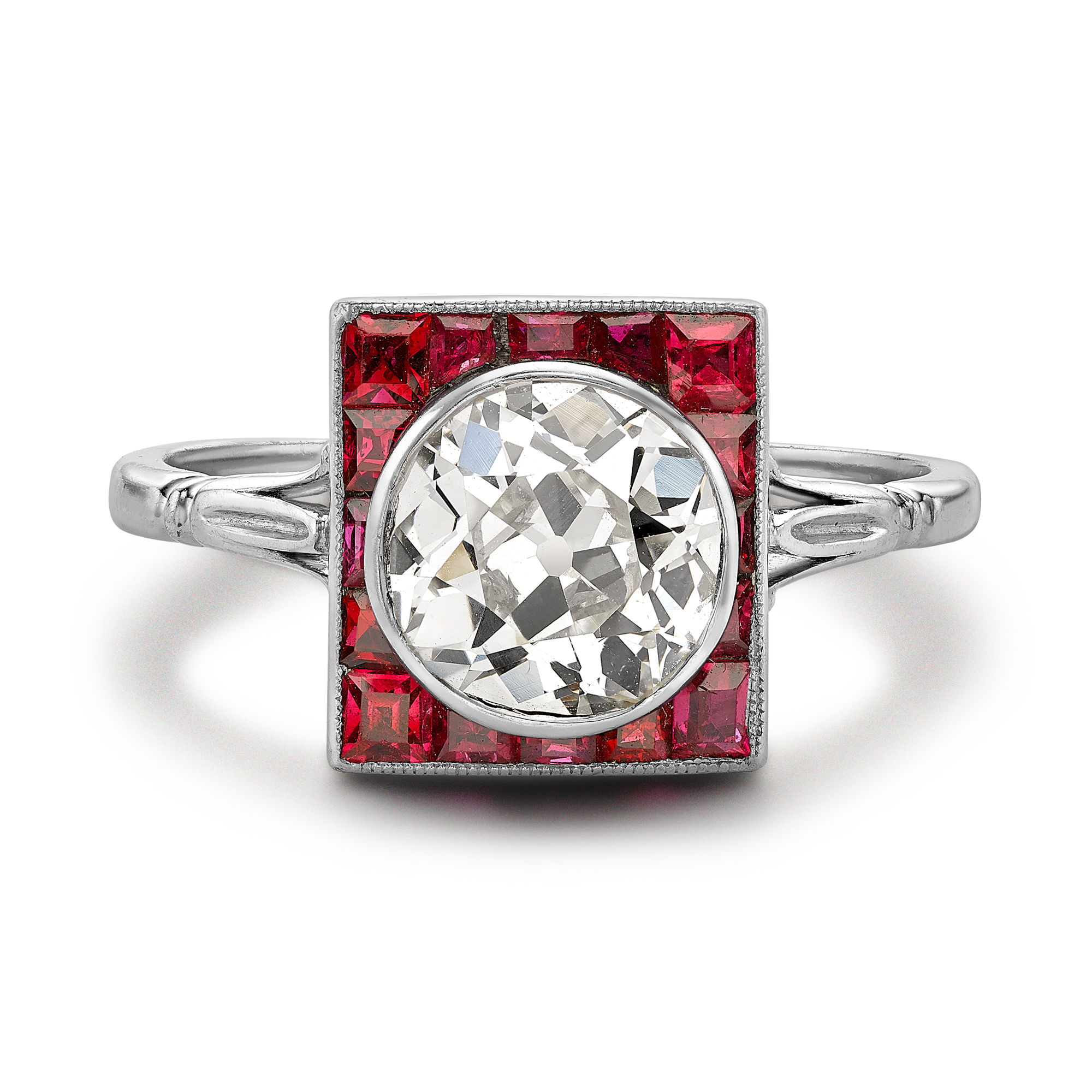 Art Deco 1.70ct Ruby and Diamond Plaque Ring Old Cut, Rubover Set_2