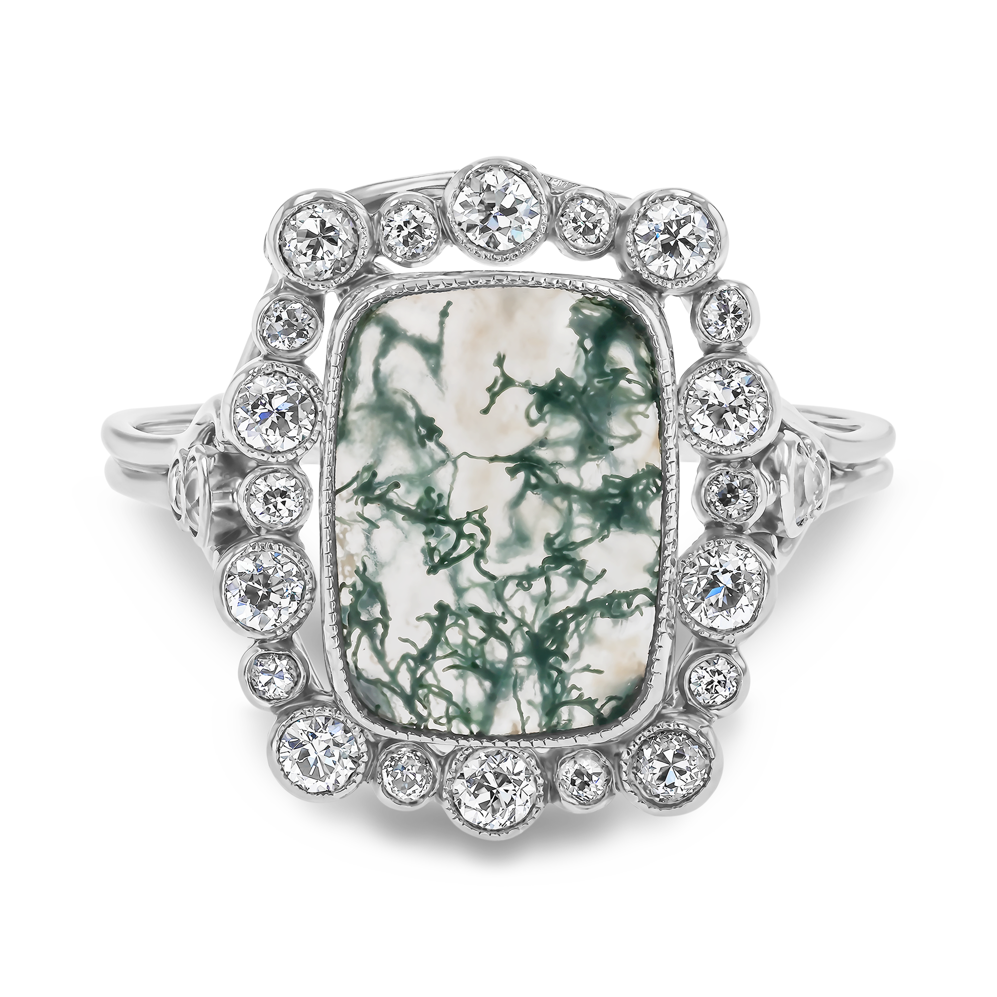 Moss Agate and Diamond Cluster Ring Old European Cut, Millegrain Set_2