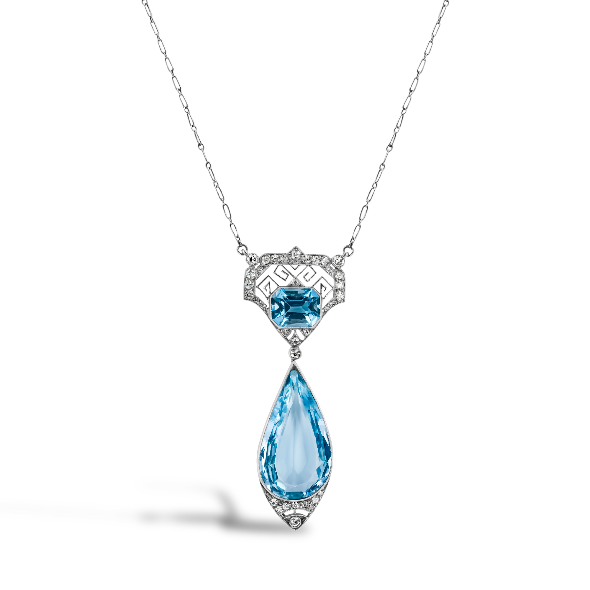 Edwardian Aquamarine and Diamond Pendant Pearshape, Millegrain Set_1