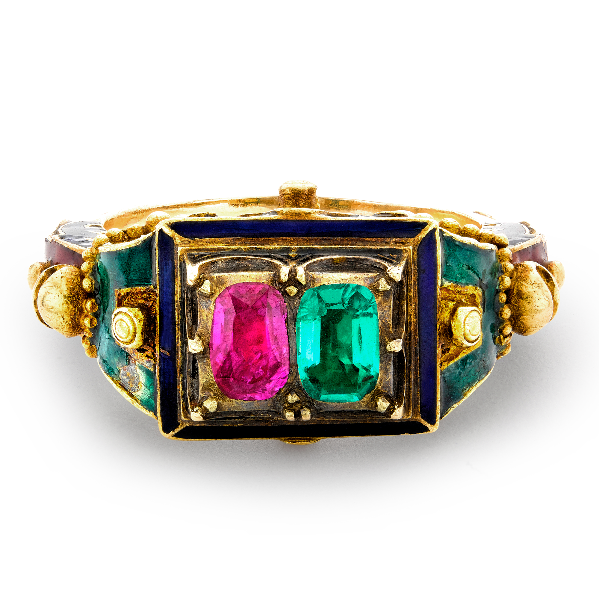 Victorian Renaissance Revival Ruby & Emerald Dress Ring Cushion Cut, Claw Set_2