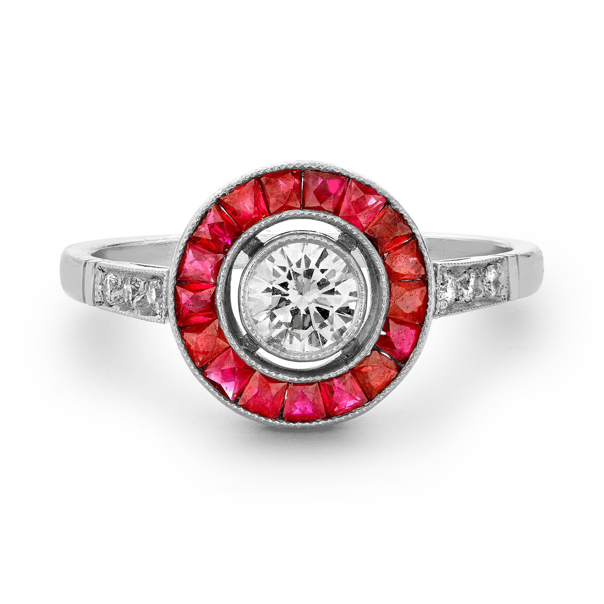 Art Deco Inspired Diamond & Ruby Target Ring Brilliant & Calibre Cut, Millegrain Set_2