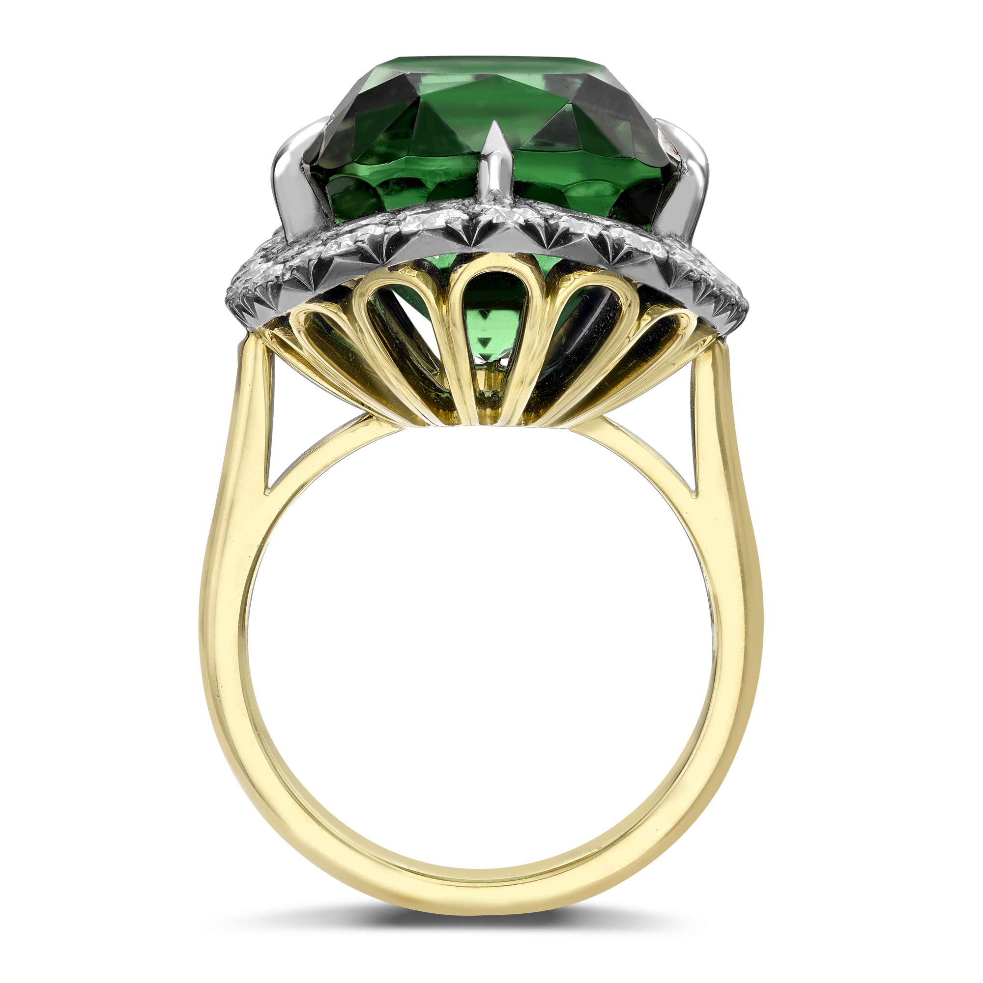 Snowstorm Green Tourmaline and Diamond Ring Cushion & Brilliant Cut, Claw & Pave Set_3