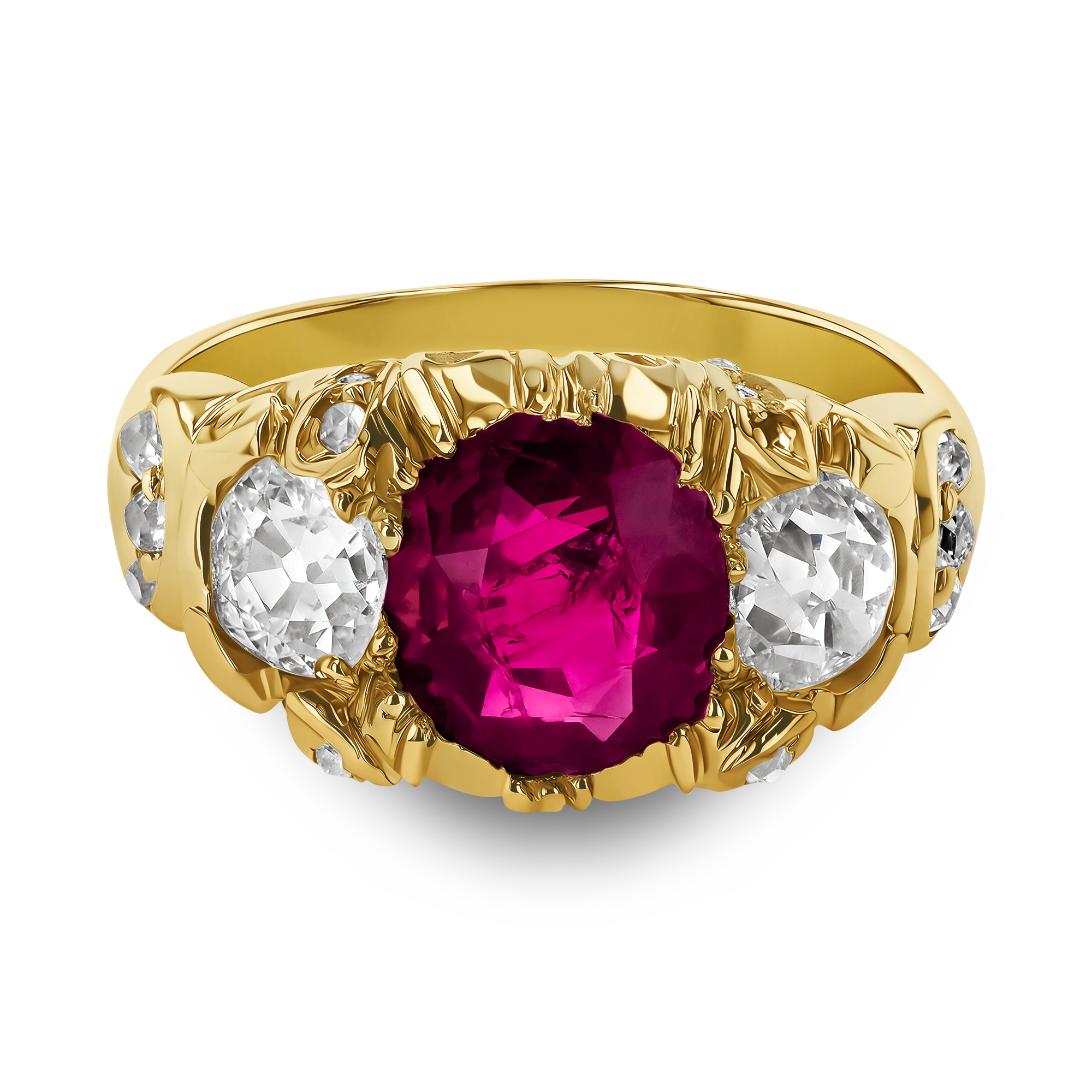 Victorian Burmese Ruby and Diamond Three Stone Ring Oval Cut, Claw Set_2