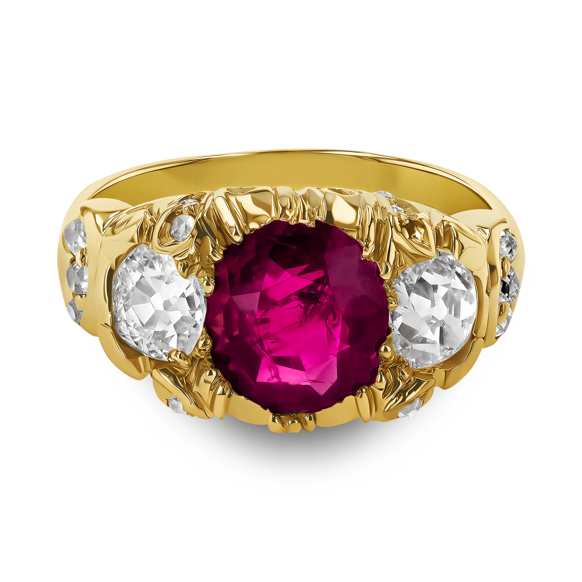 Victorian Burmese Ruby and Diamond Three Stone Ring Oval Cut, Claw Set_2