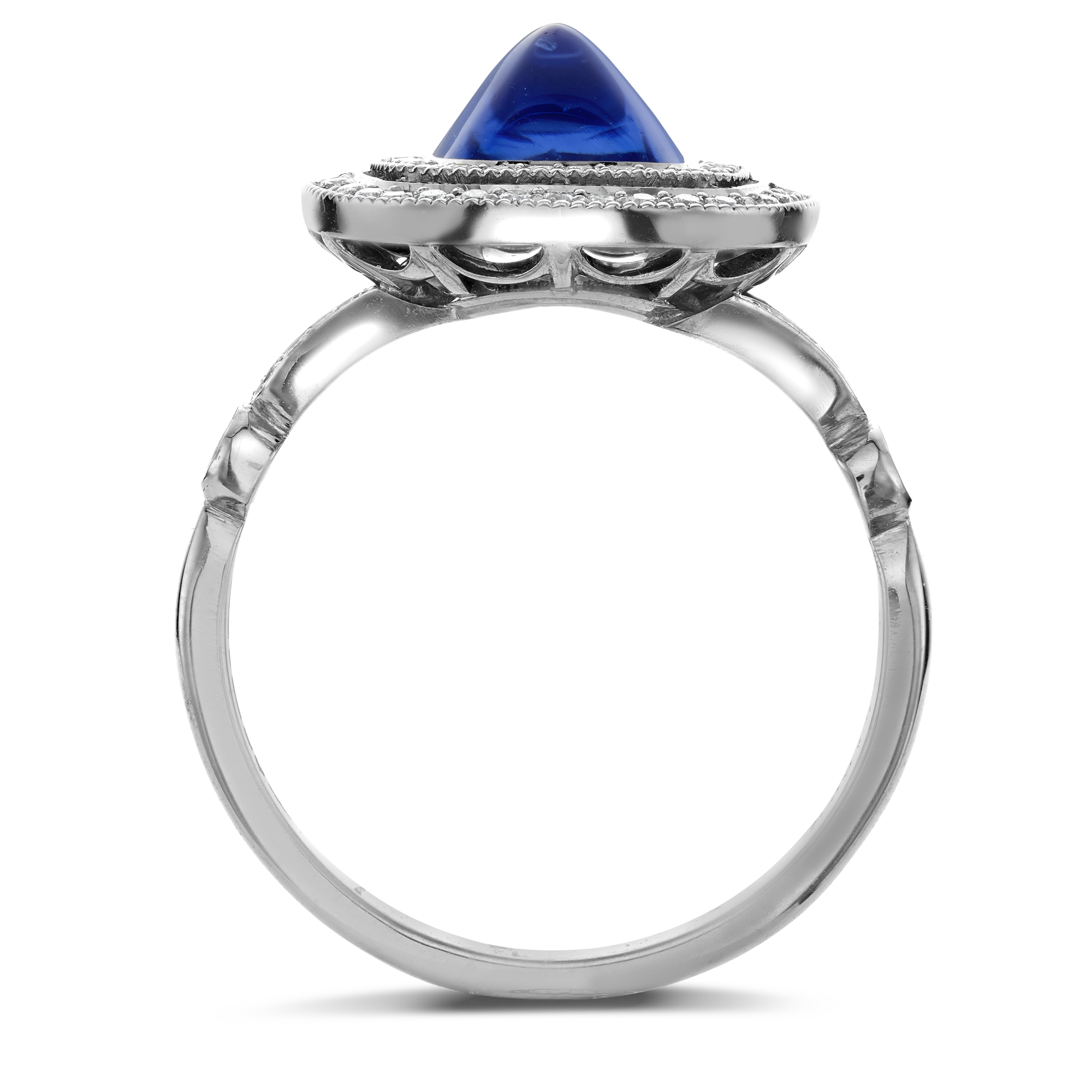 Sugarloaf Cabochon Sapphire Ring Unheated with a Diamond Surround_3
