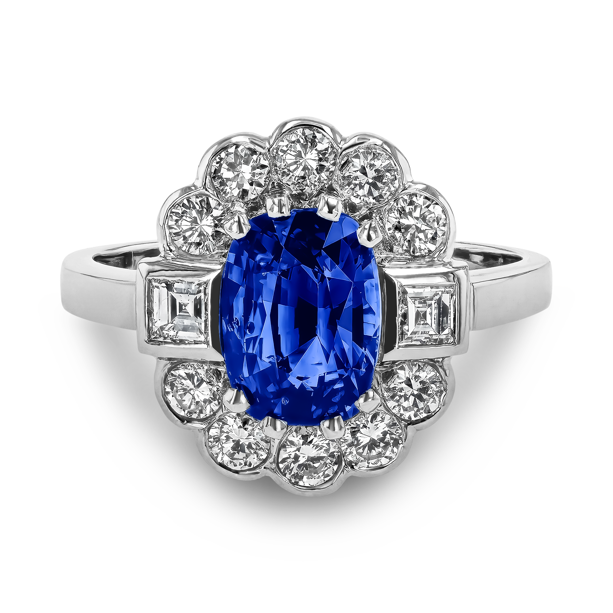 Art Deco Inspired 1.80ct Sapphire and Diamond Cluster Ring Oval Cut. Claw Set_2