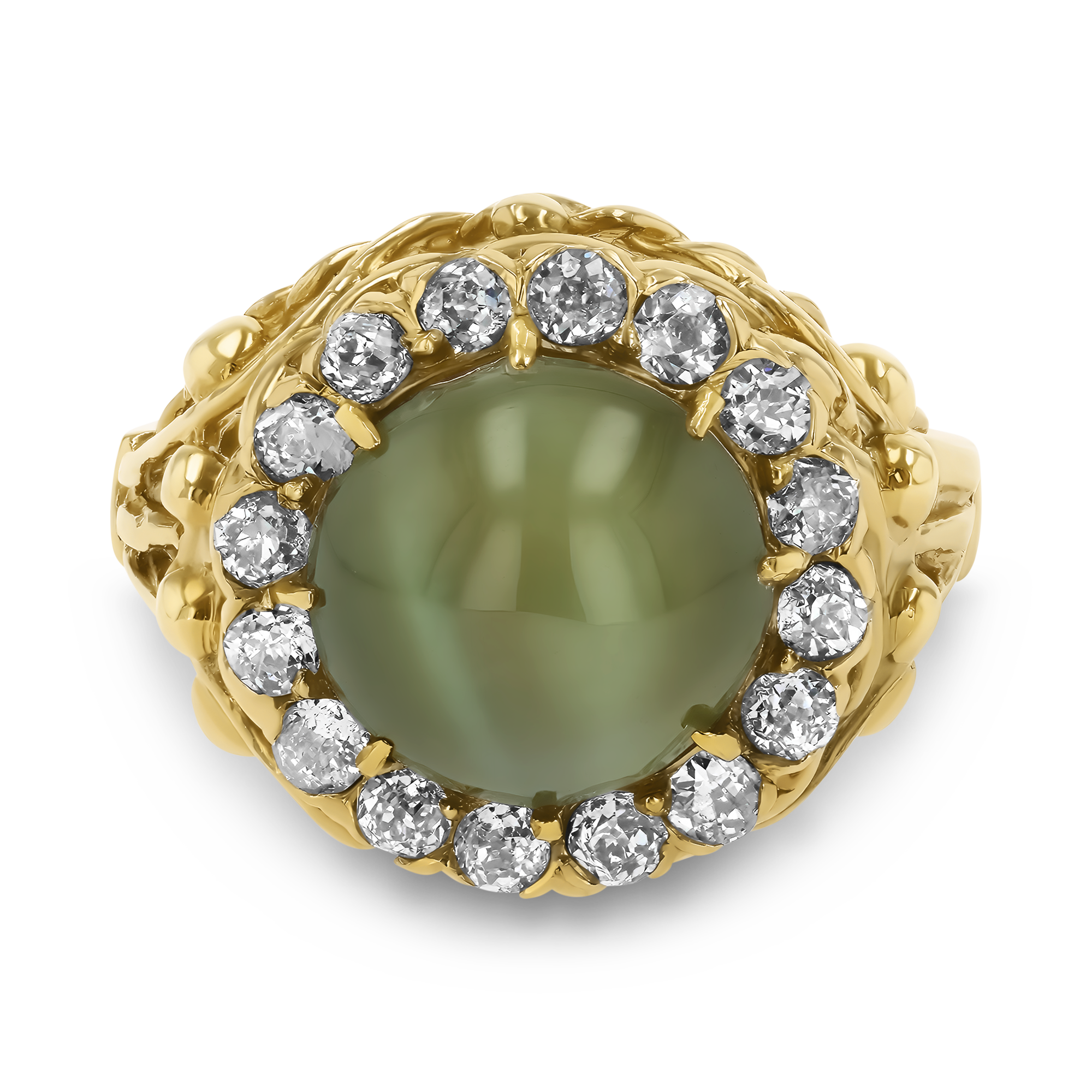 Cabochon Cut Green Cats Eye and Diamond Ring Cabochon Cut, Claw Set_2