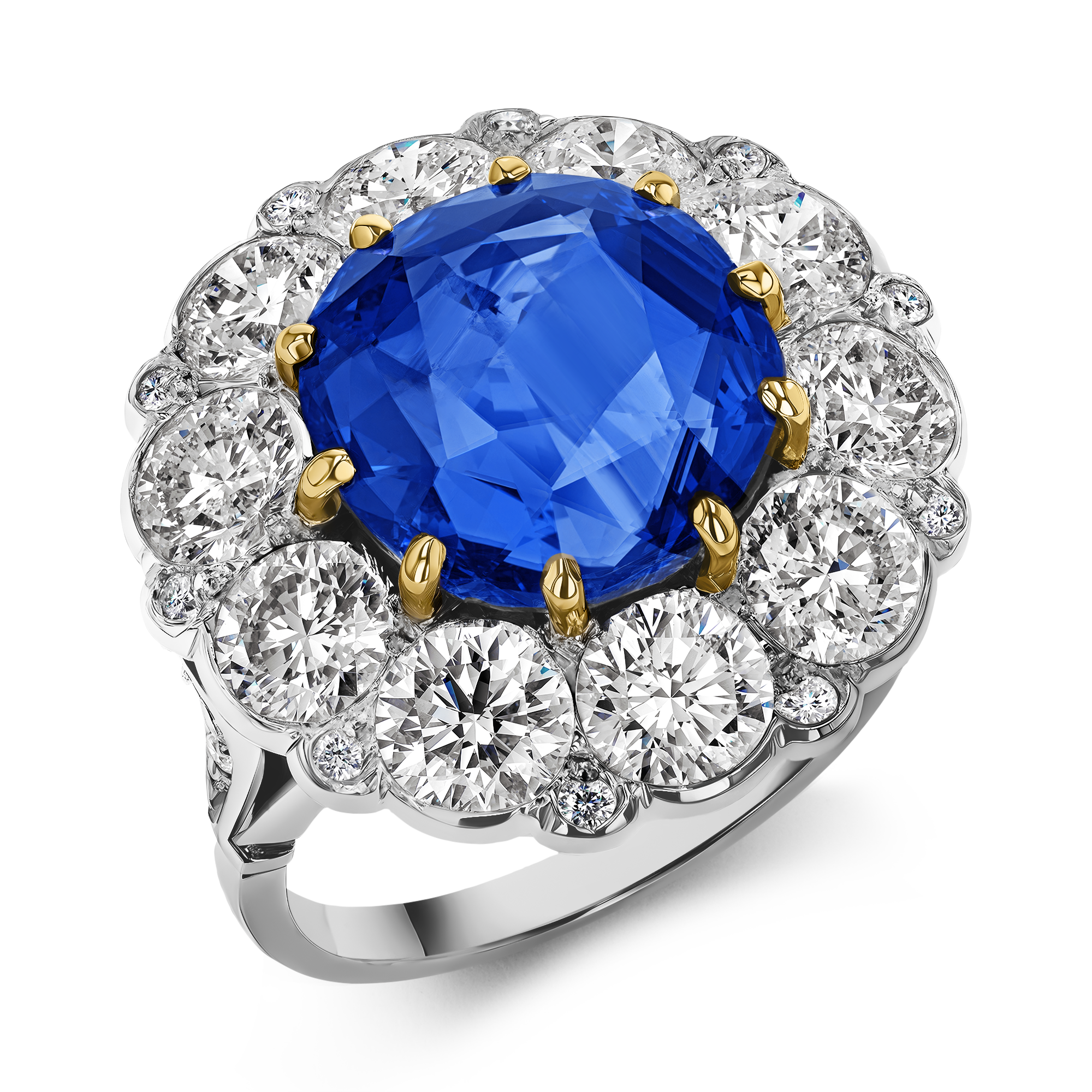 Victorian Inspired Sri Lankan Sapphire & Diamond Ring Square Cushion & Brilliant Cut, Claw Set_1