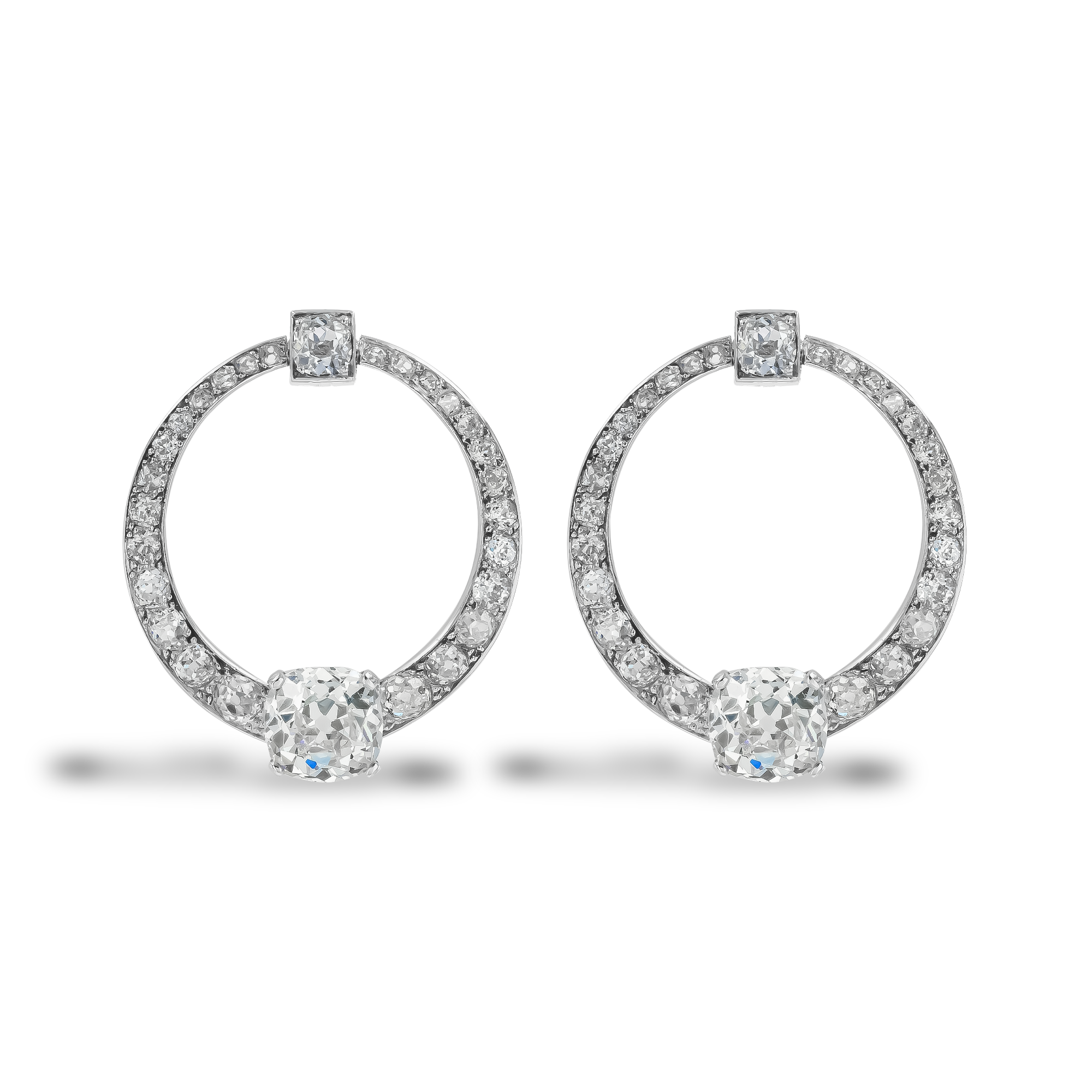 Art Deco Cartier Antique Cushion Cut Diamond Graduated Circular Earrings Antique Cushion Cut, Claw Set_1
