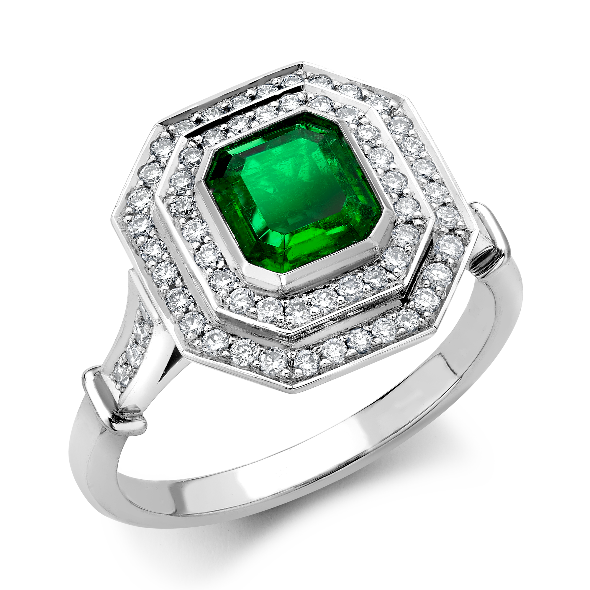 Art Deco Inspired 0.82ct Emerald and Diamond Target Ring Emerald Cut, Rubover Set_1