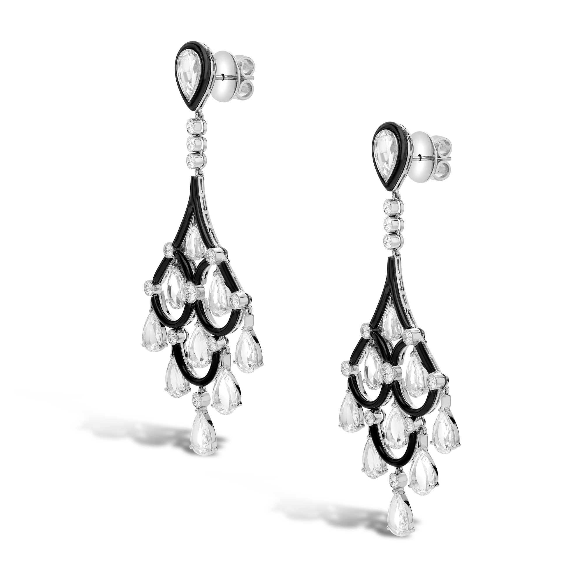 Diamond & Enamel Chandelier Drop Earrings Pear & Brilliant Cut, Claw and Rub Over Set_2