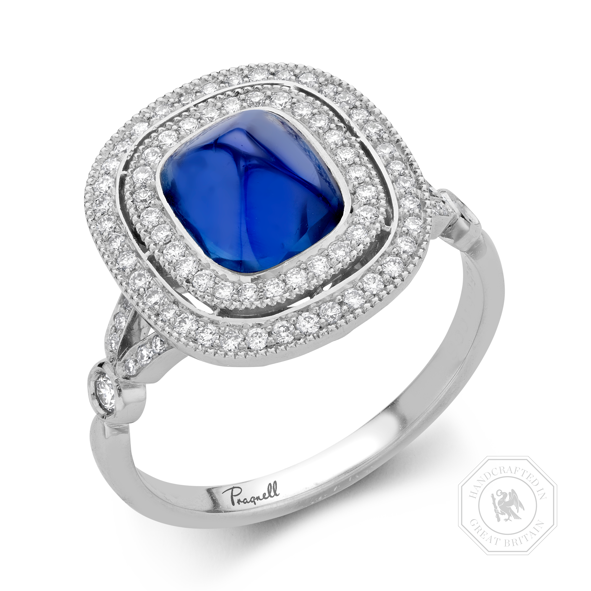 Sugarloaf Cabochon Sapphire Ring Unheated with a Diamond Surround_1