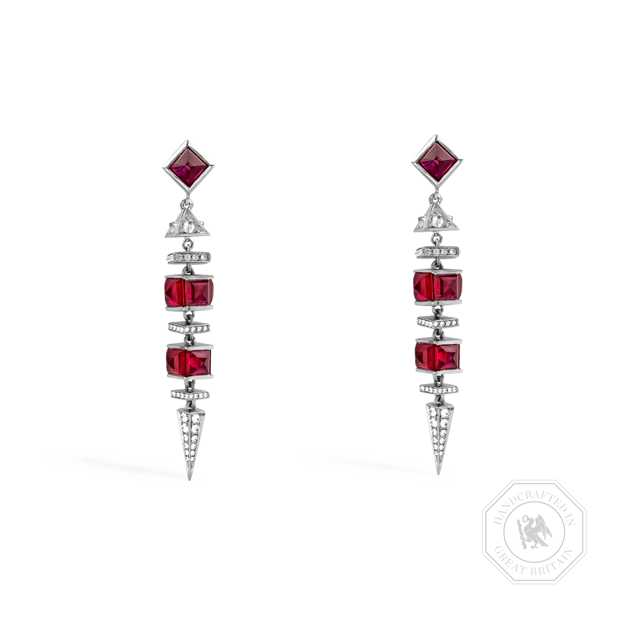 Carré Cut 7.85ct Ruby and Diamond Drop Earrings Carré & Brilliant Cut, Rubover Set_1