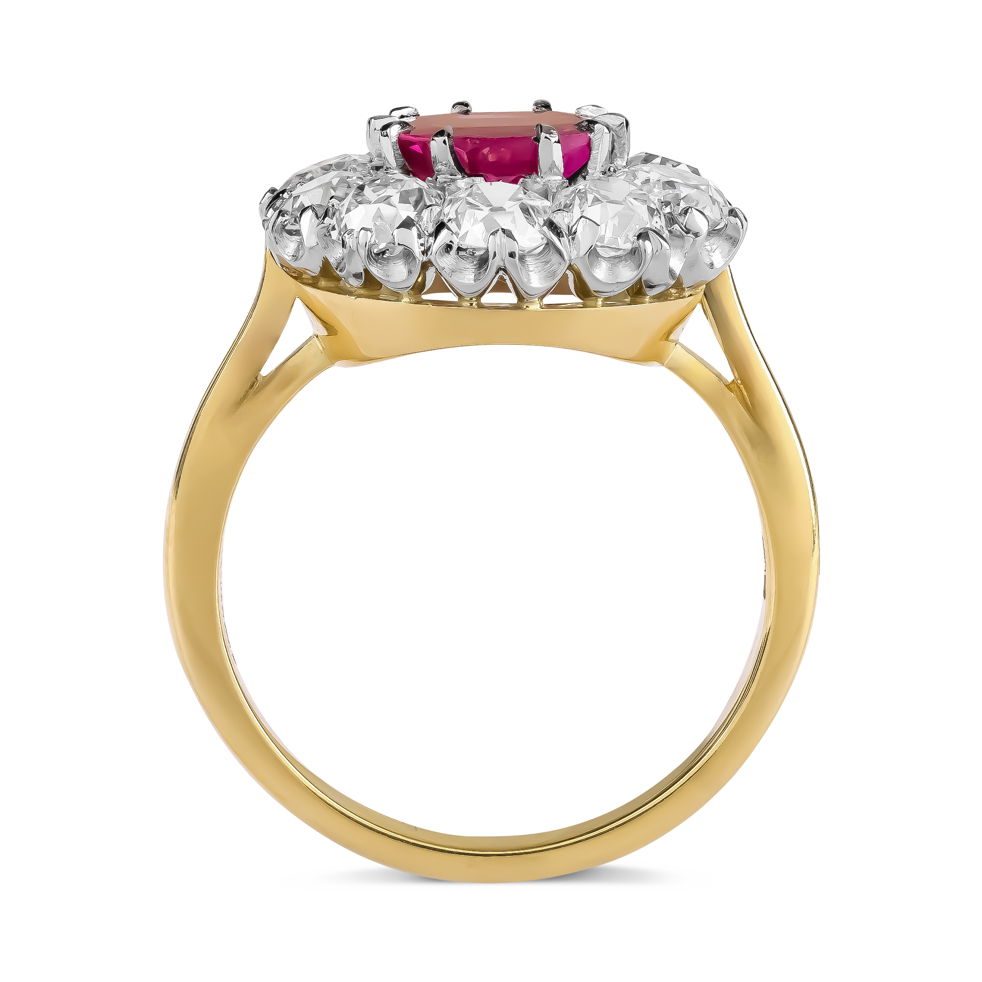 Antique Cushion Cut 1.30ct Ruby and Diamond Cluster Ring Antique Cushion Cut, Claw Set_3