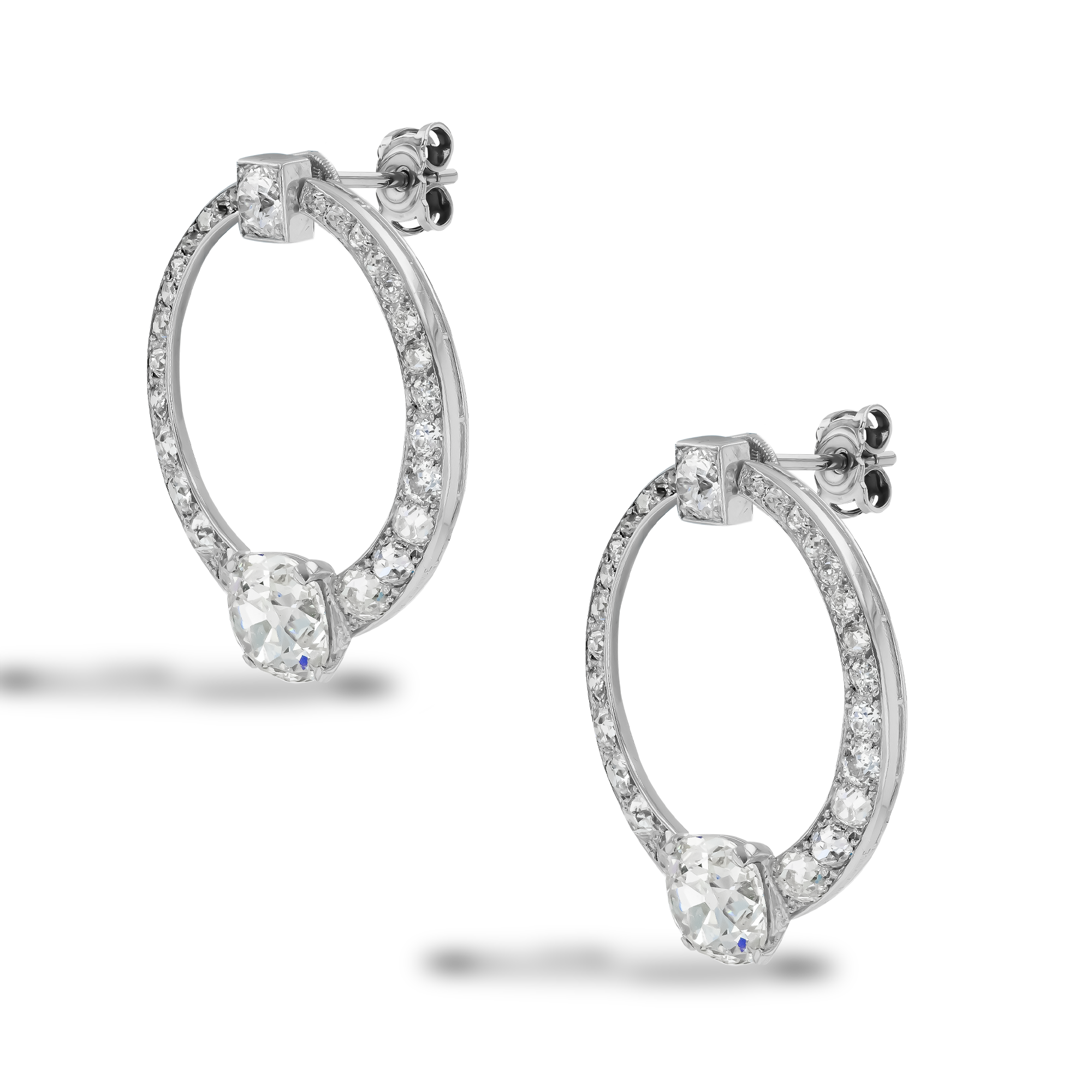 Art Deco Cartier Antique Cushion Cut Diamond Graduated Circular Earrings Antique Cushion Cut, Claw Set_2