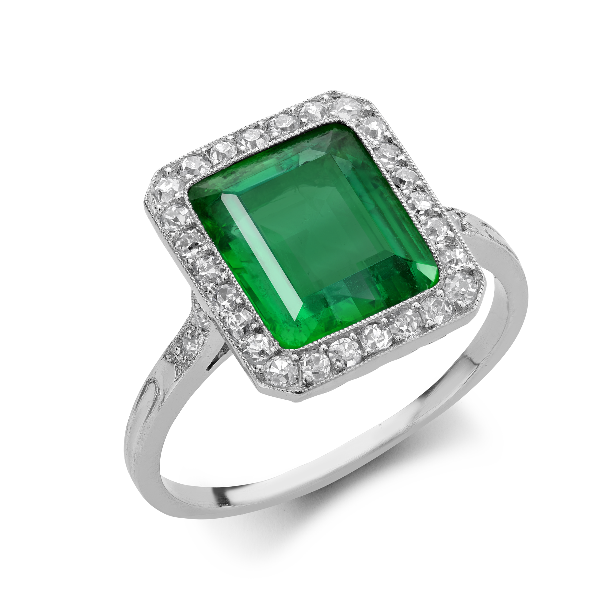 Edwardian 2.80ct Colombian Emerald and Diamond Cluster Ring Emerald Cut, Millegrain Set_1