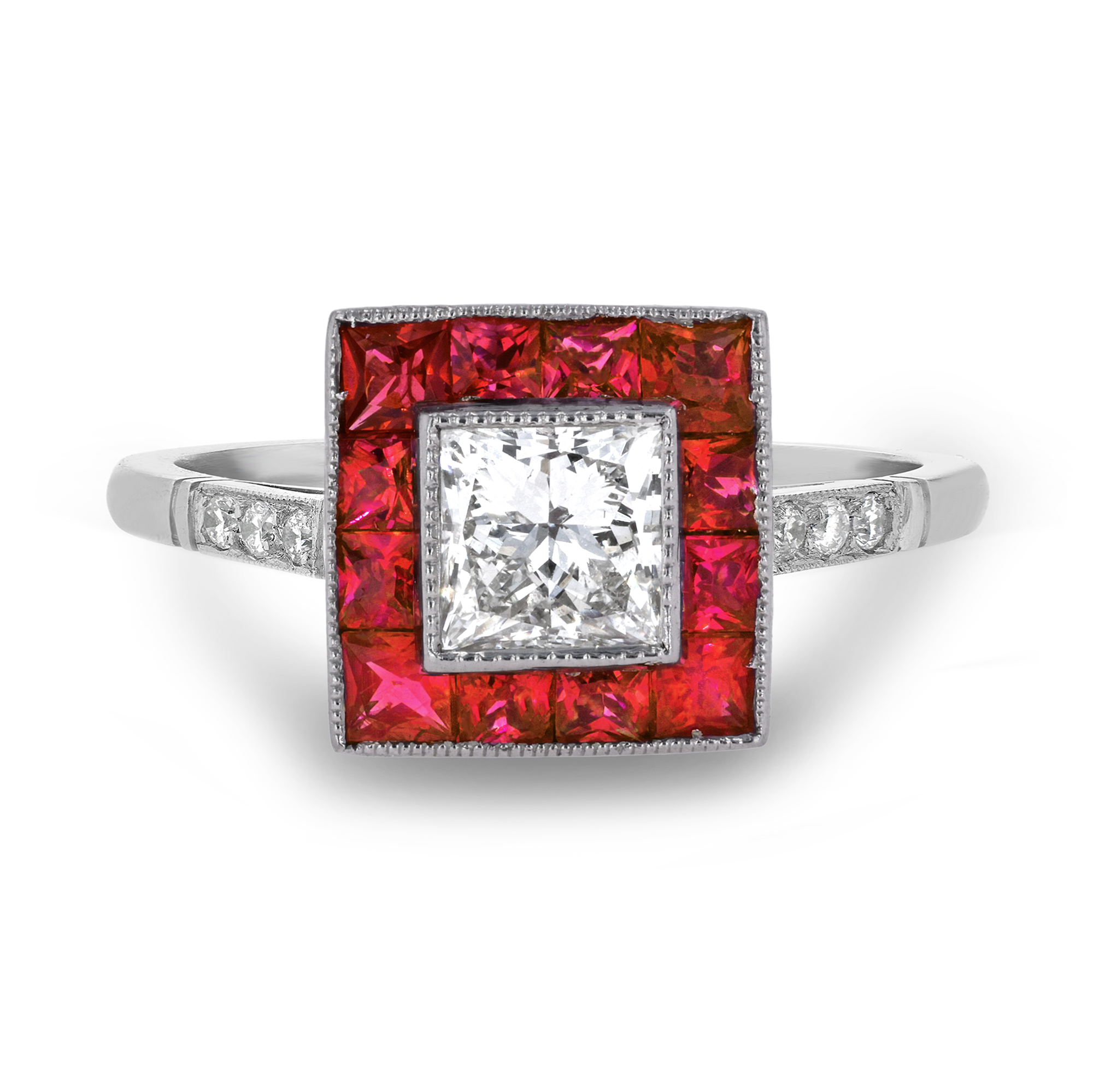 Diamond and ruby cluster ring Princess Cut, Millegrain Set_2