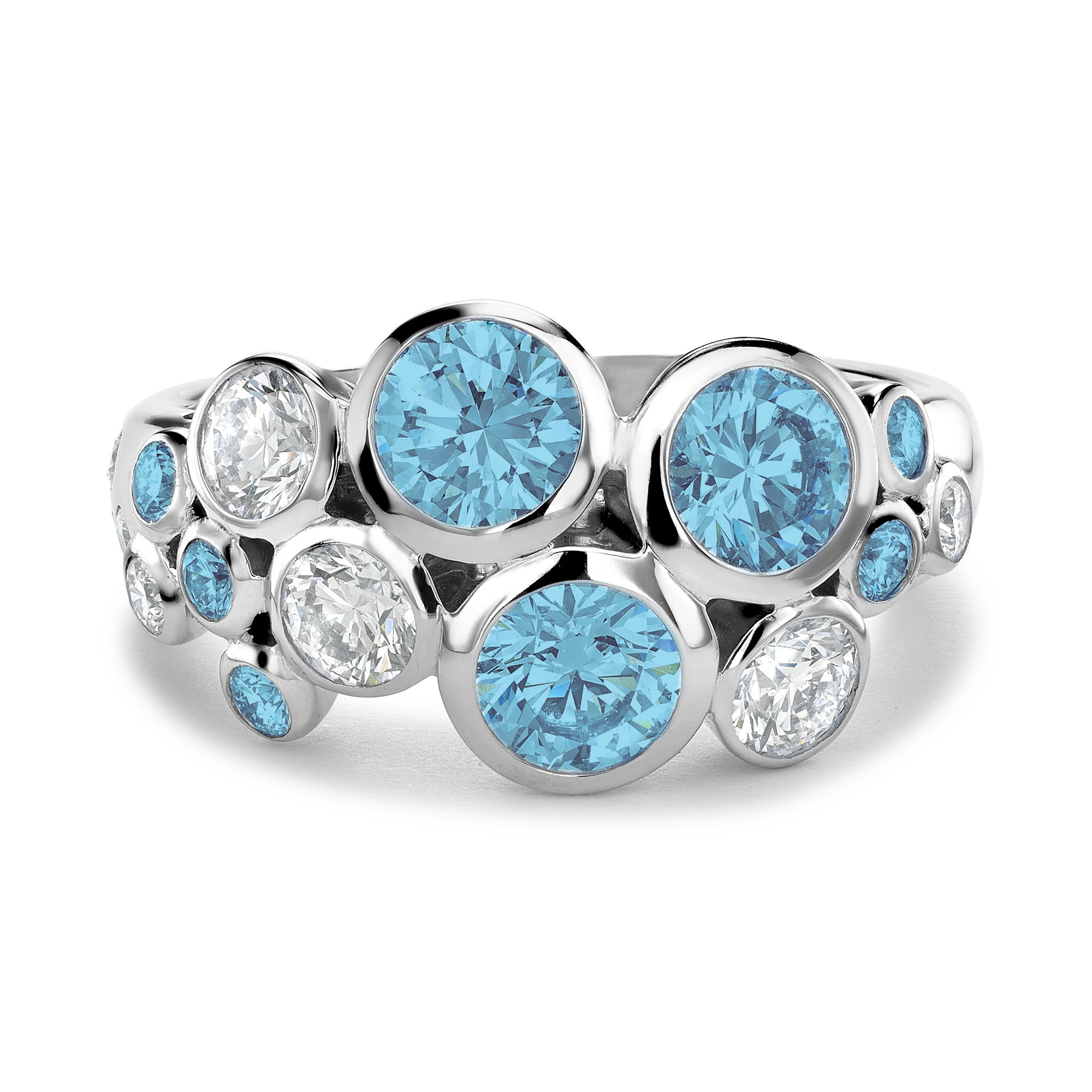 Bubbles Aquamarine and Diamond Cocktail Ring Brilliant Cut, Rubover Set_2