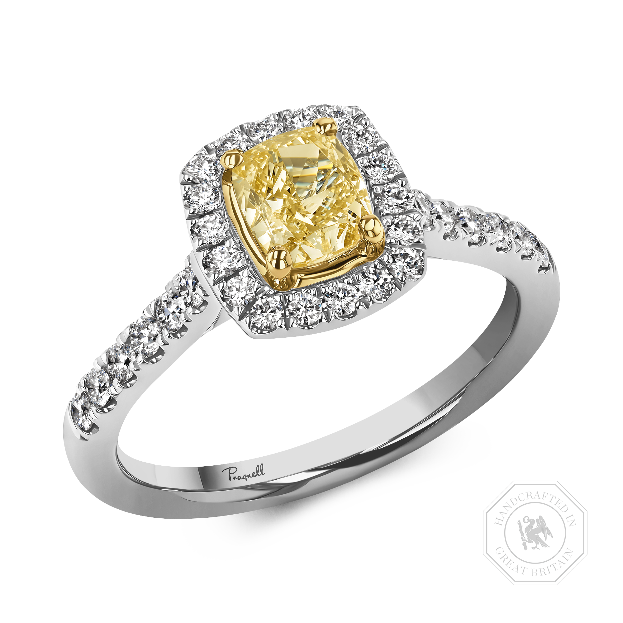 Fancy Yellow Diamond Cluster Ring with Diamond Surround and Shoulders Cushion Modern Cut, Four Claw Set_1